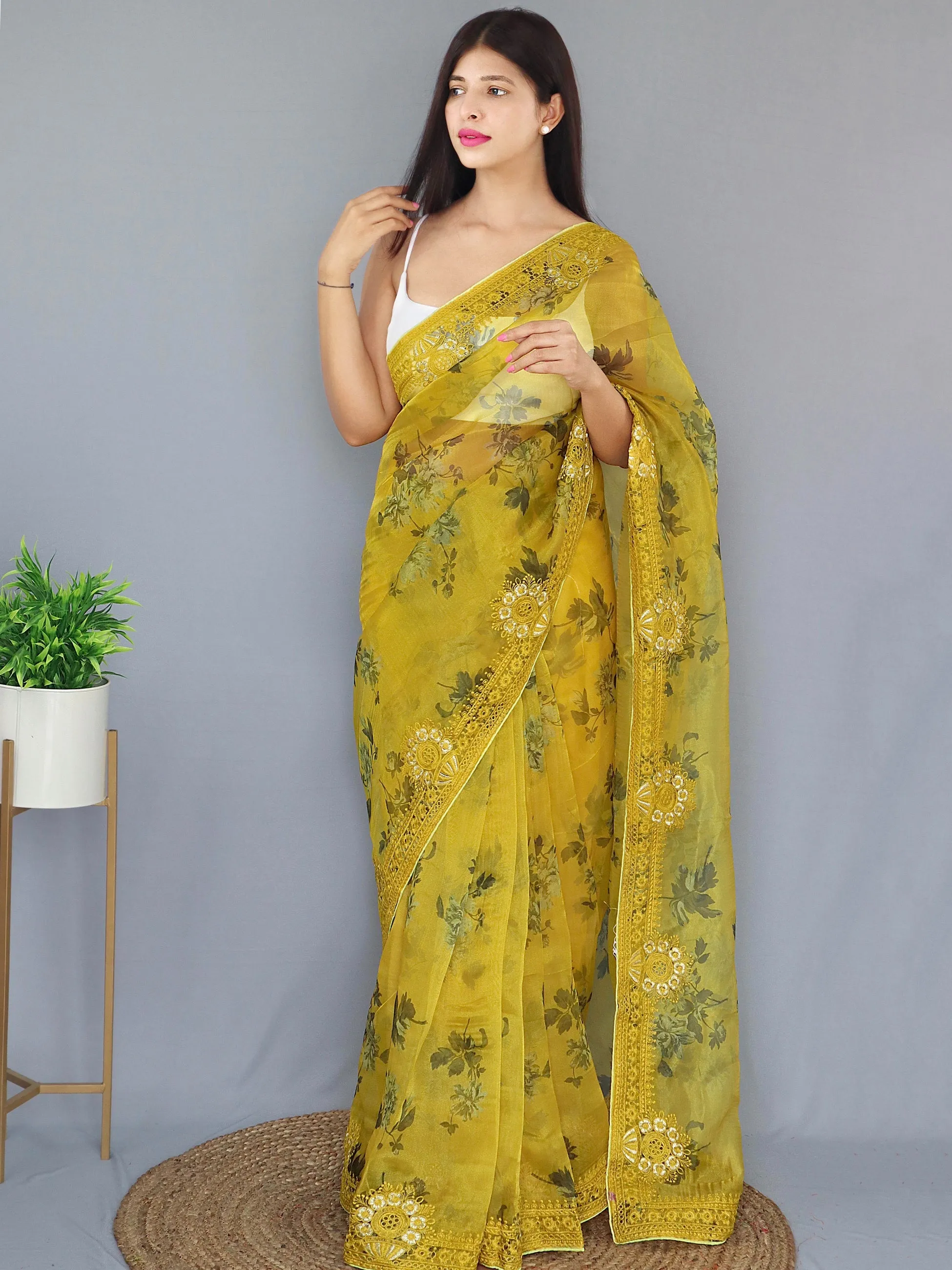 Lemon Ginger Saree in Organza Digital Floral Printed with Embroidered Work