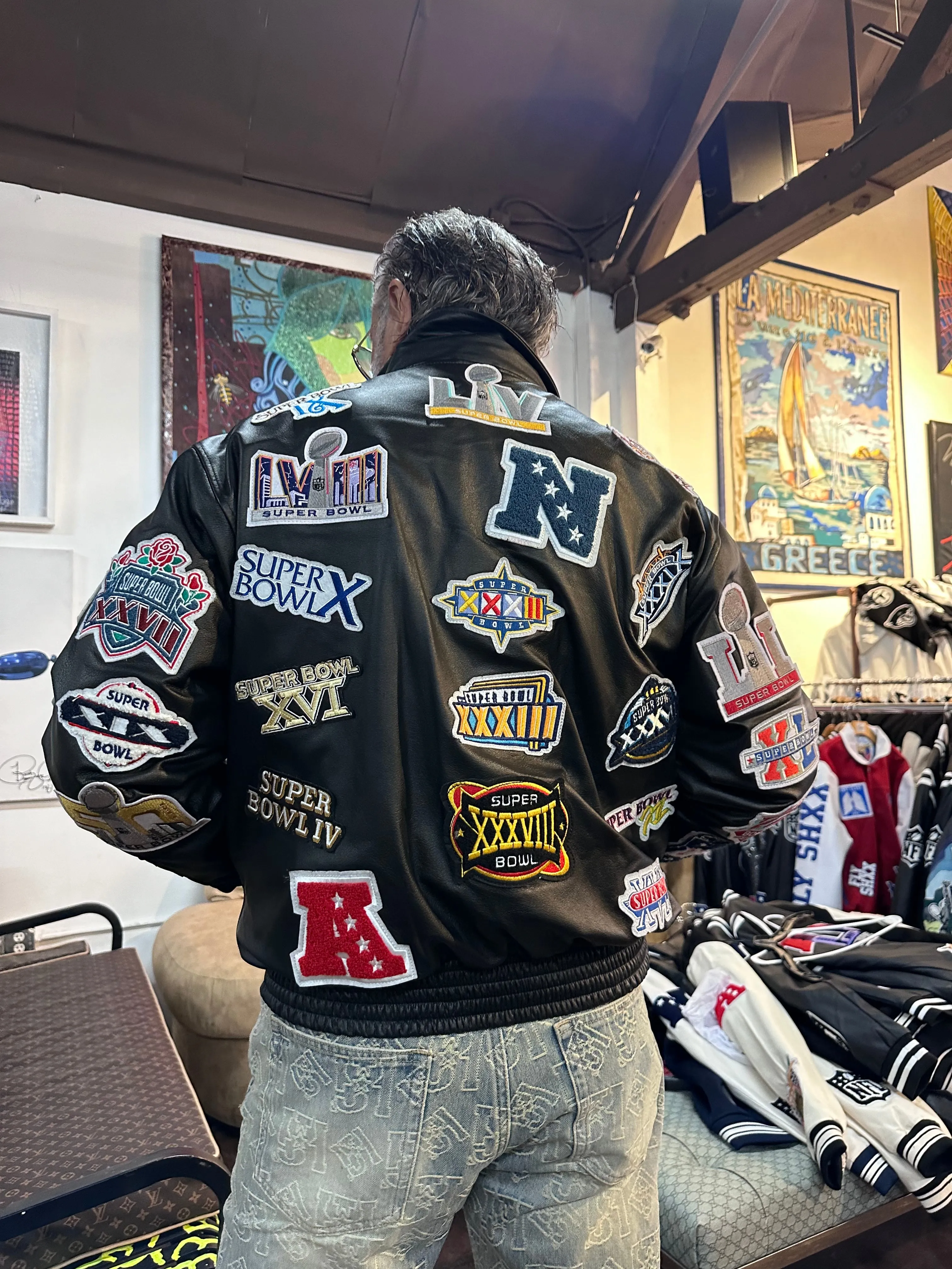 LIMITED EDITION HISTORY OF SUPER BOWL COLLAGE FULL LEATHER JACKET