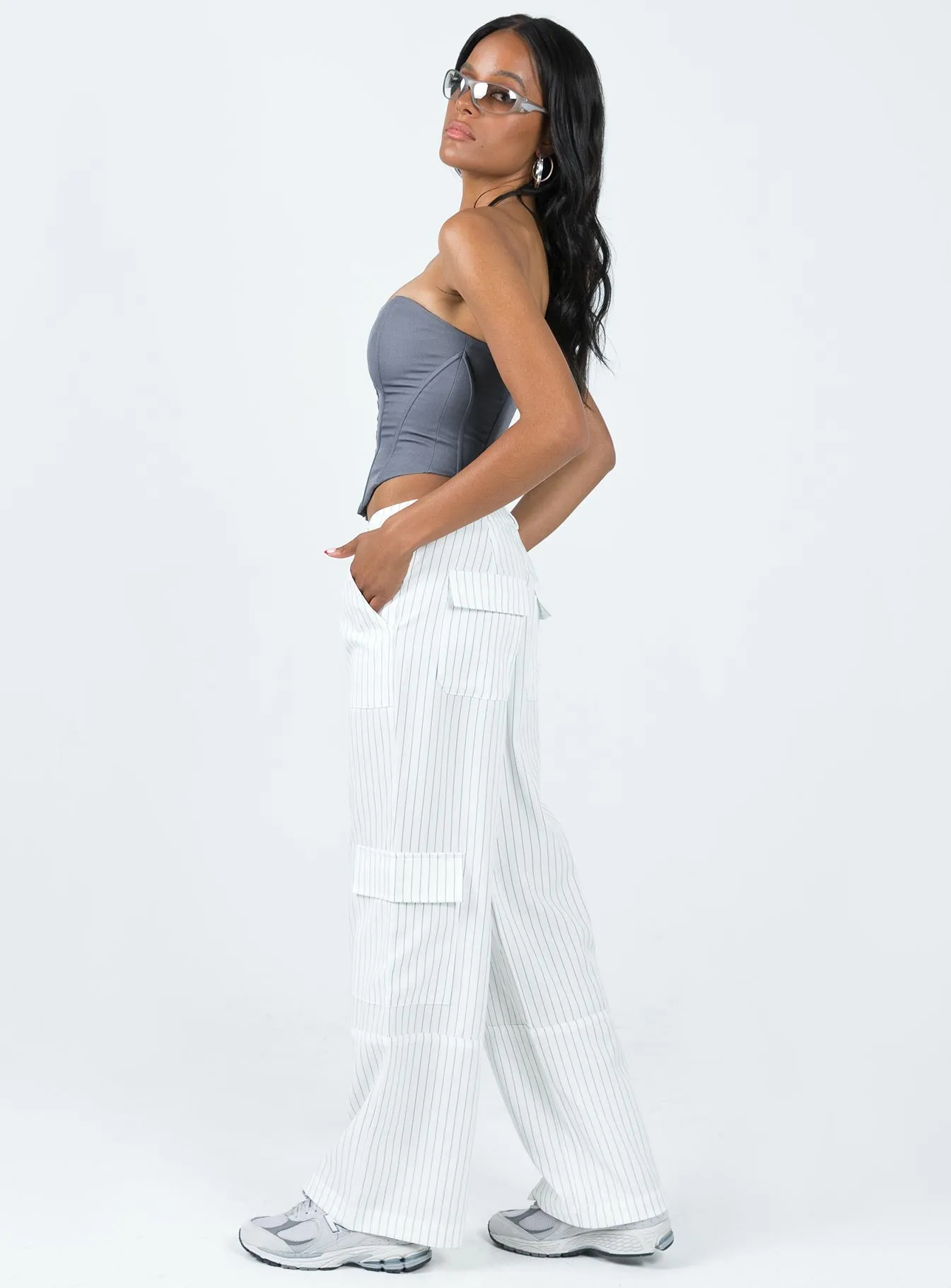 Luna Mid Rise Cargo Pants White Pinstripe