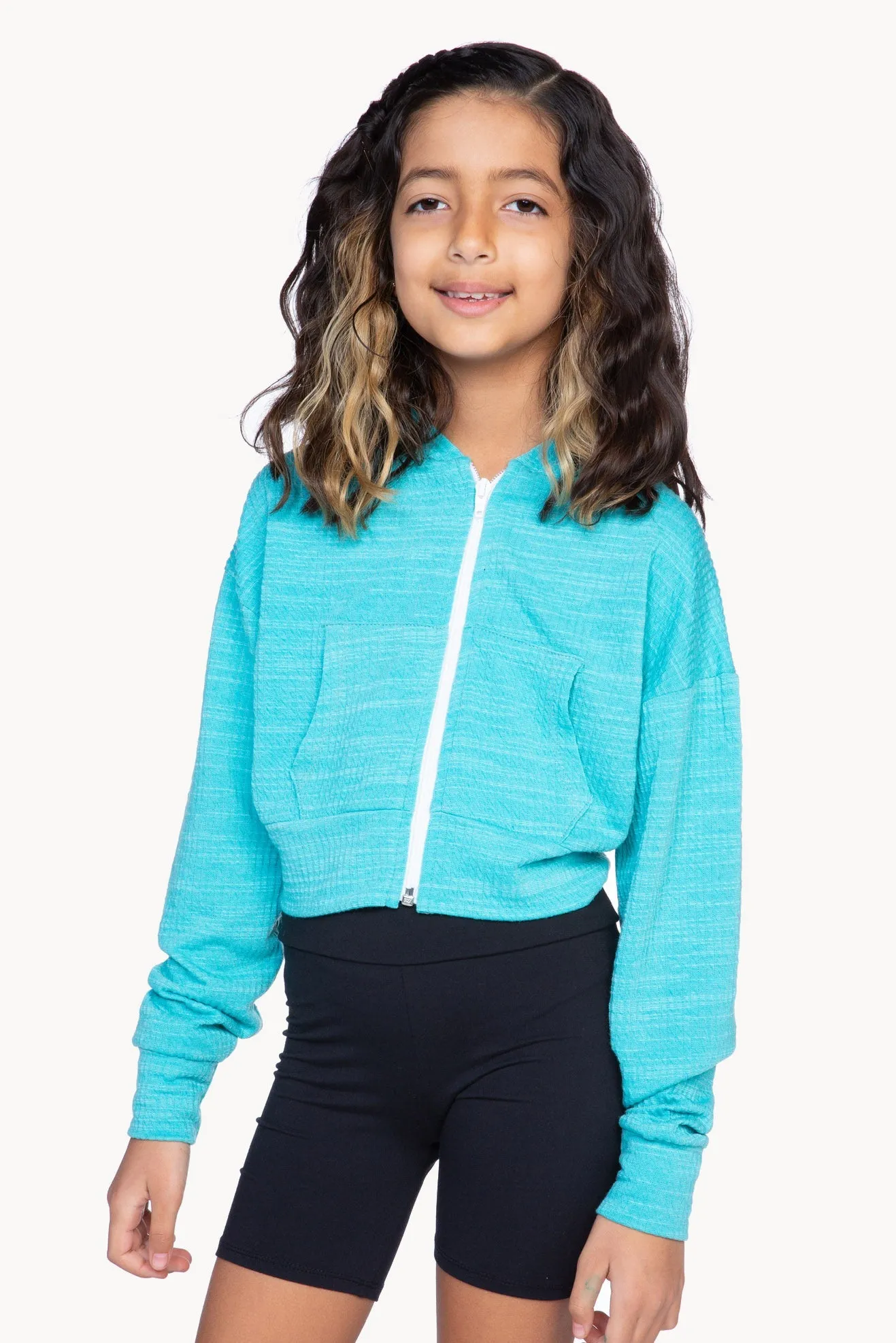 Luxe Ribbed Drop Shoulder Cropped Zip Hoodie - Pop Turquoise