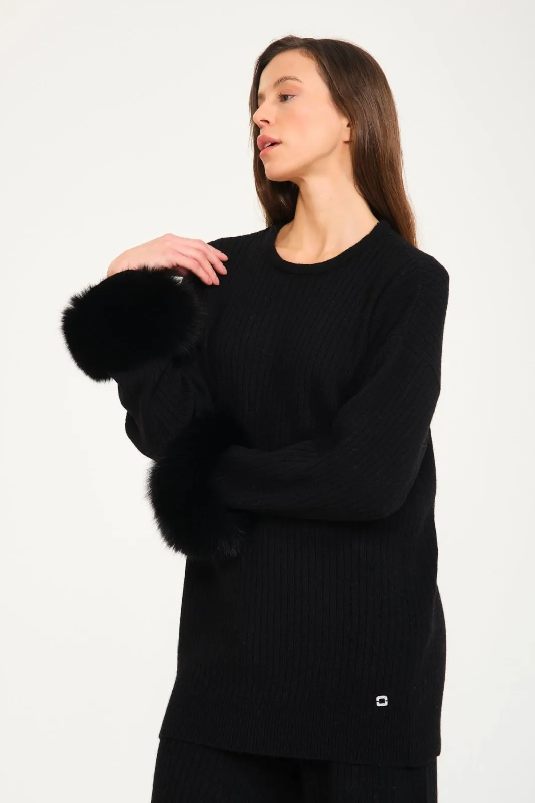 Luxe Wool Sweater with Fox Fur Cuffs