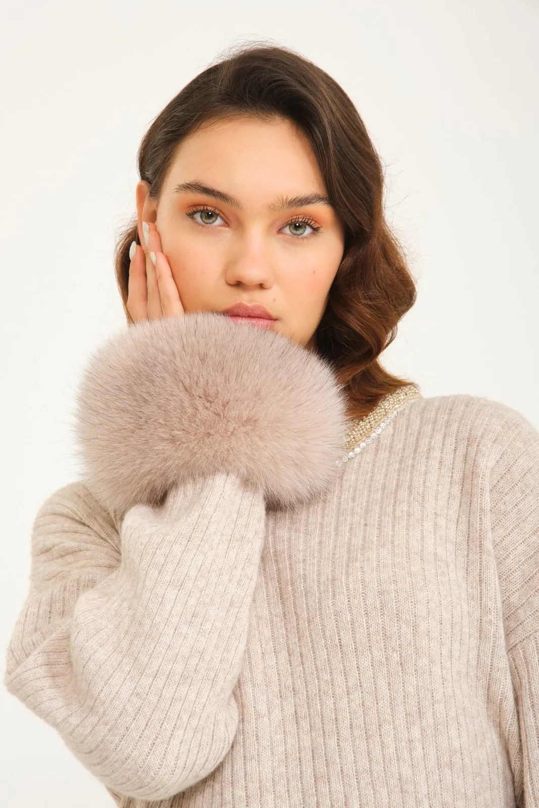 Luxe Wool Sweater with Fox Fur Cuffs