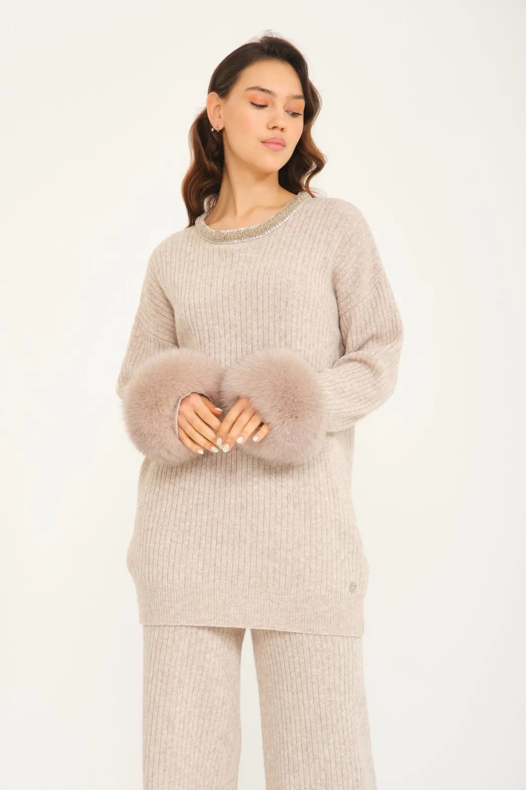 Luxe Wool Sweater with Fox Fur Cuffs