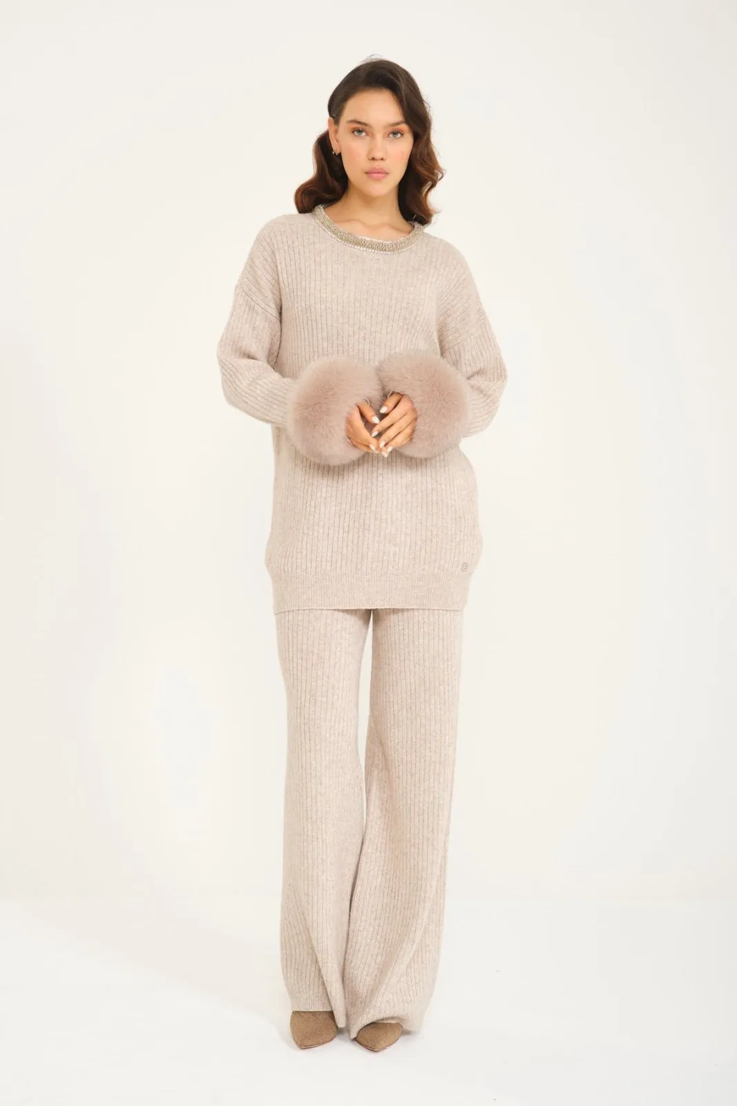 Luxe Wool Sweater with Fox Fur Cuffs