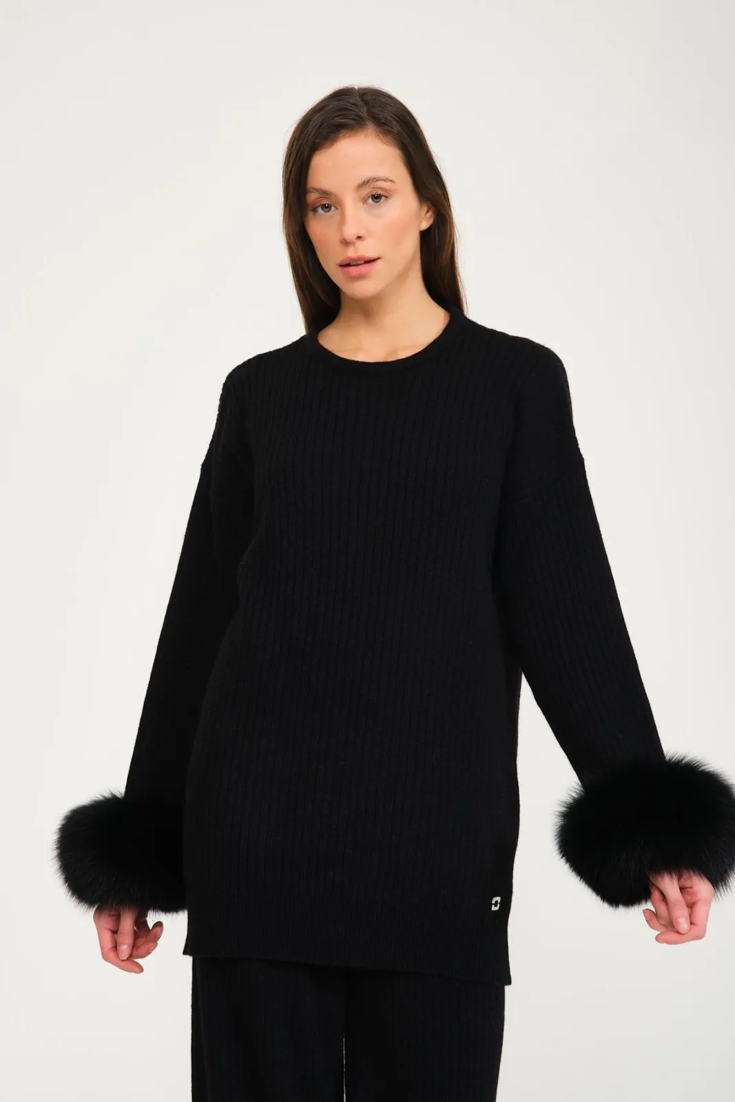 Luxe Wool Sweater with Fox Fur Cuffs