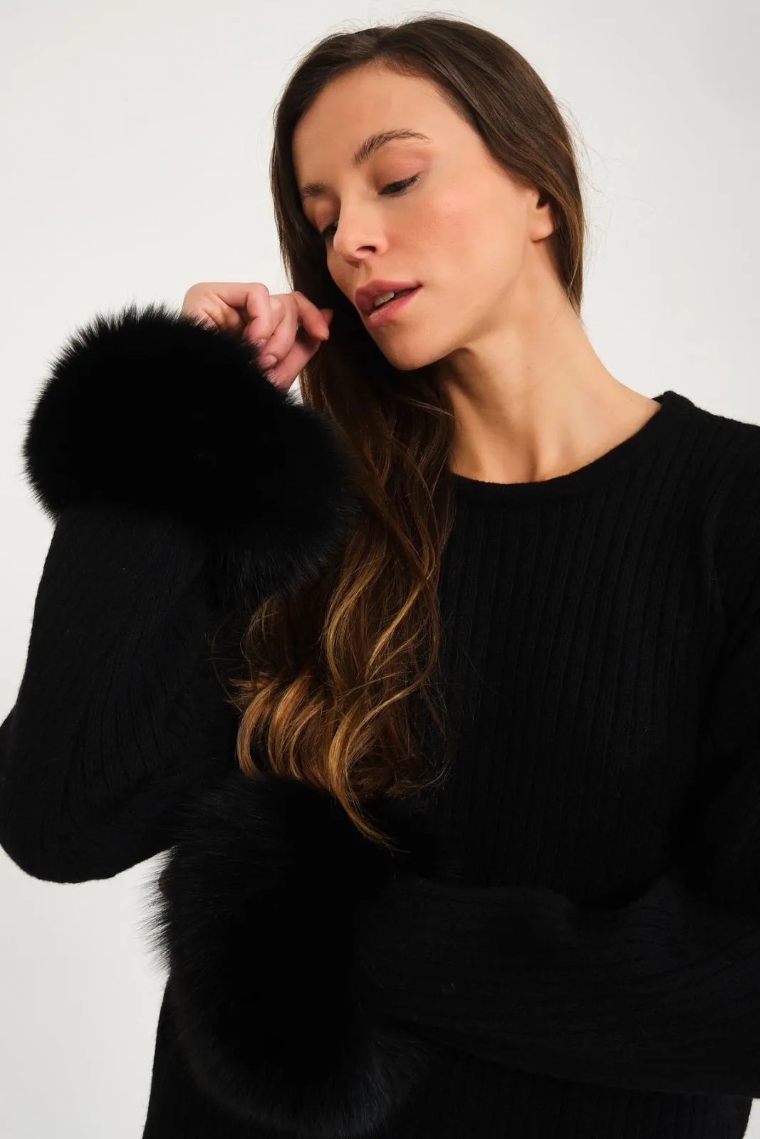 Luxe Wool Sweater with Fox Fur Cuffs