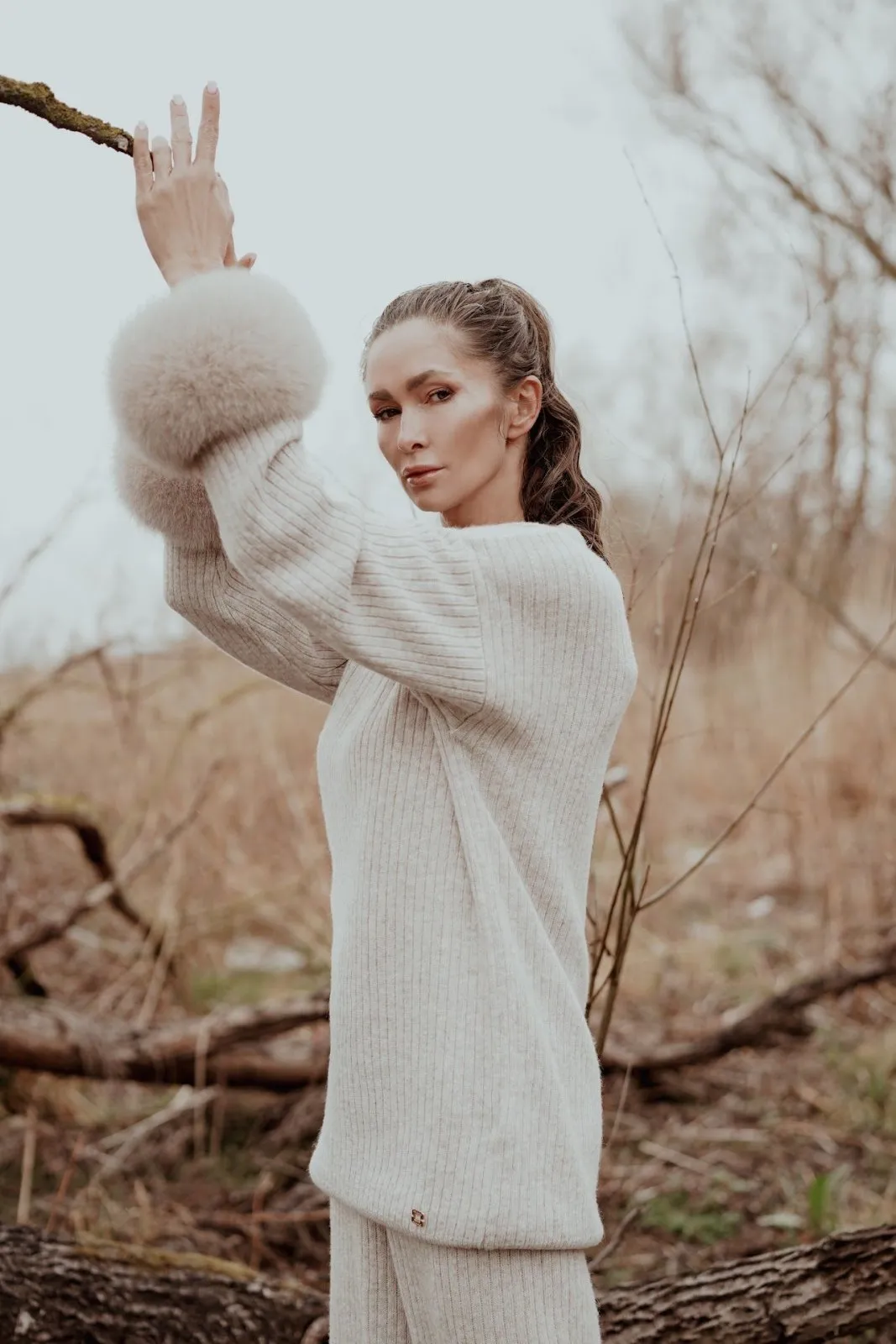 Luxe Wool Sweater with Fox Fur Cuffs