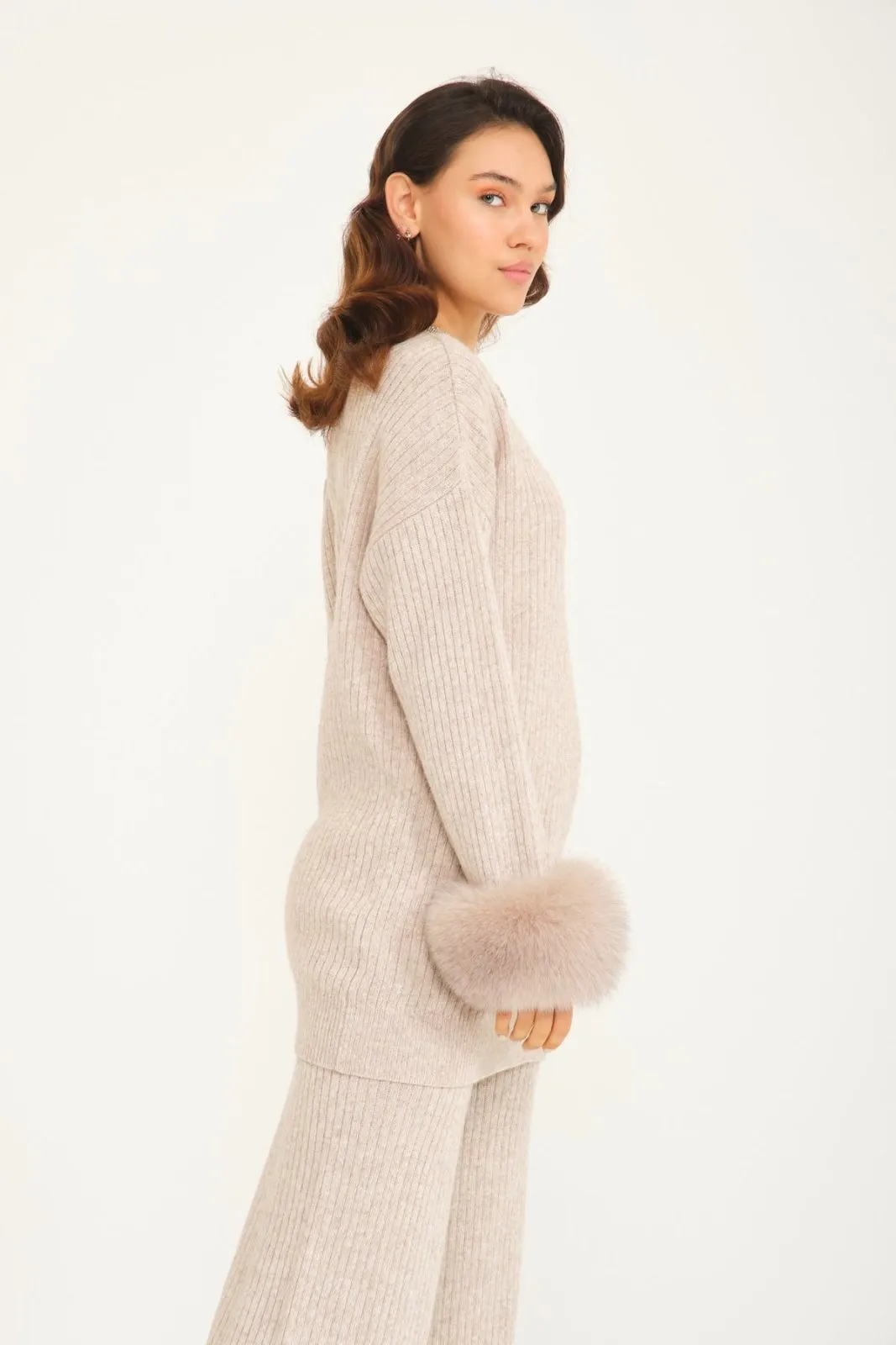 Luxe Wool Sweater with Fox Fur Cuffs