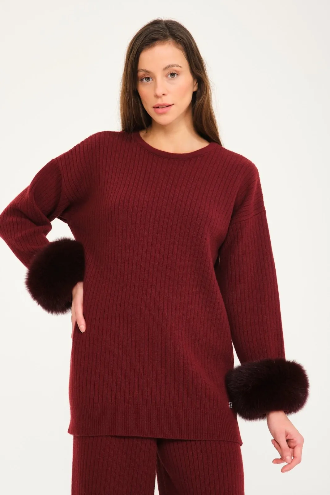 Luxe Wool Sweater with Fox Fur Cuffs