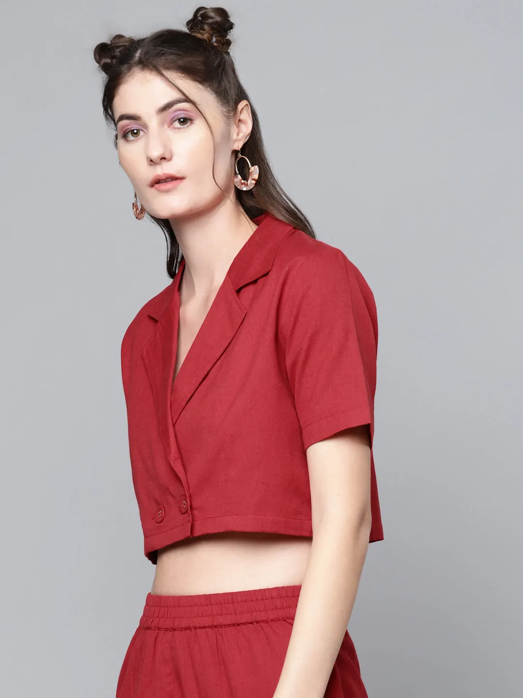 Maroon Cotton Linen Crop Blazer Top