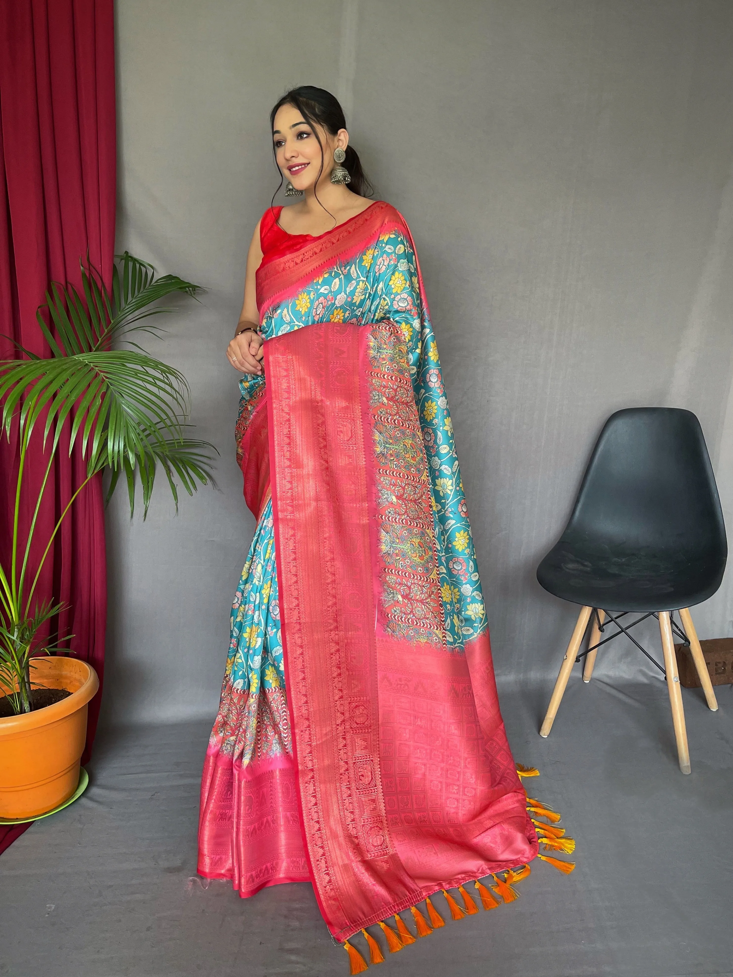 Medium Turquoise Saree in Kalamkari Print