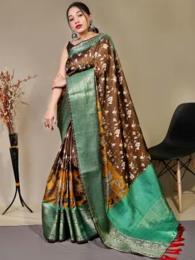 Mehendi Brown Saree in Floral Kalamkari Print