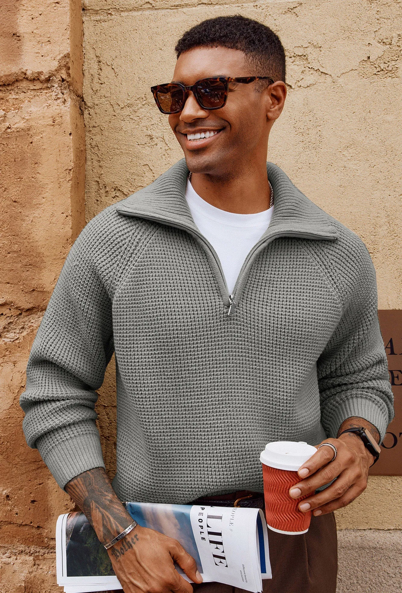 Men Waffle Textured Sweater Long Raglan Sleeve Lapel Collar Pullover