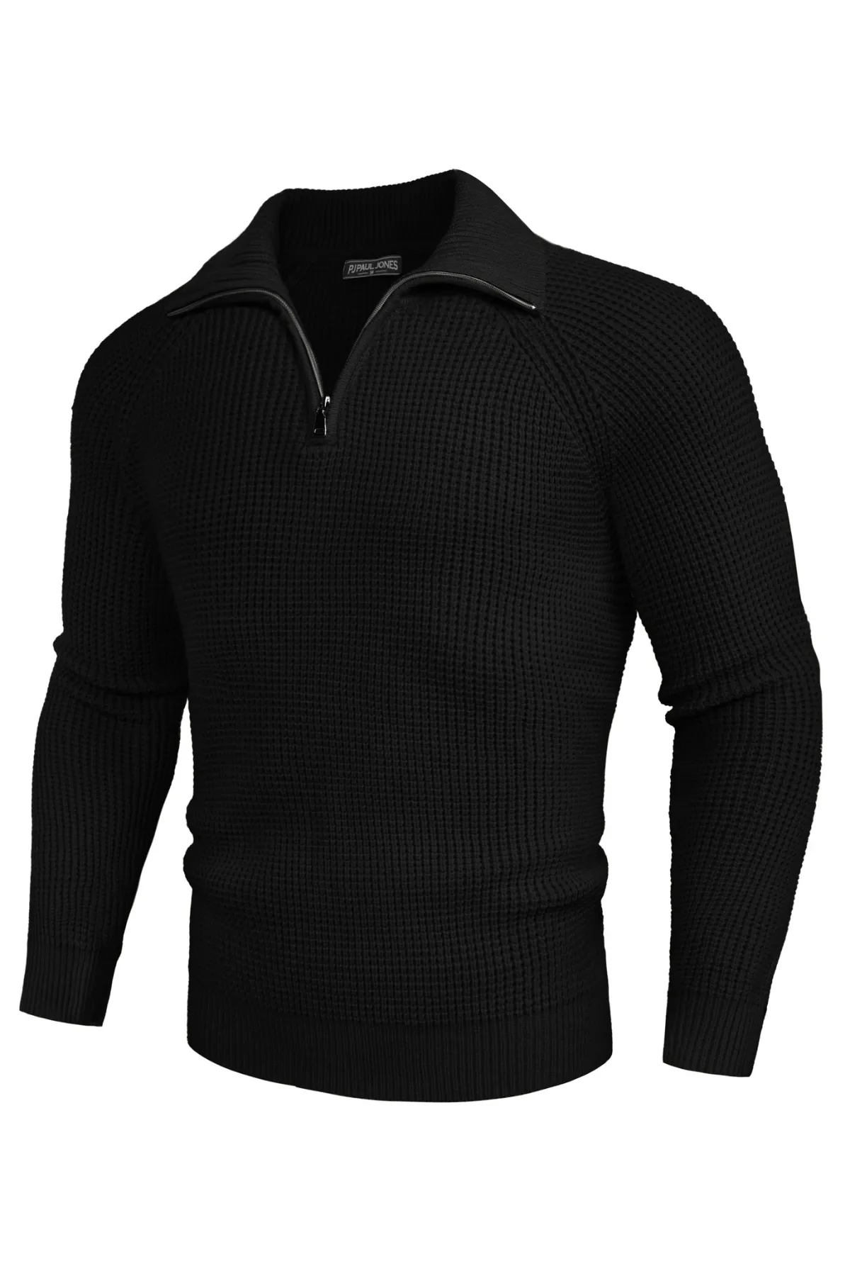 Men Waffle Textured Sweater Long Raglan Sleeve Lapel Collar Pullover