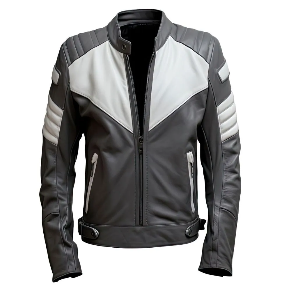 Men's Charcoal Grey White Sheepskin Moto Quilted Racer Leather Jacket