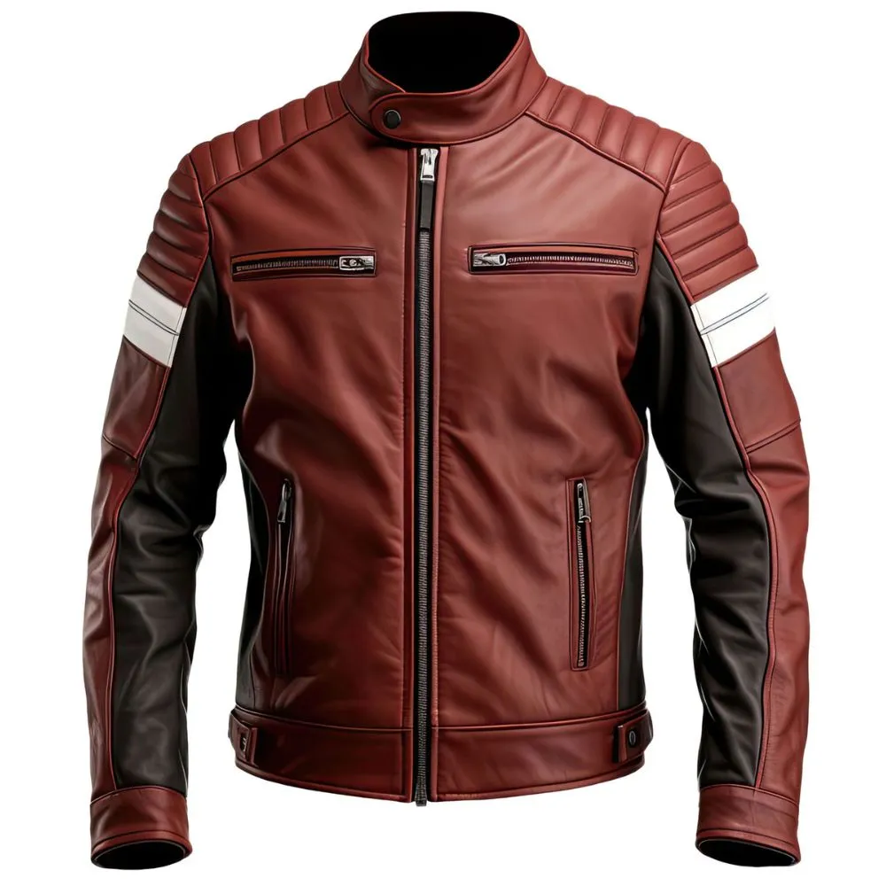 Men's Maroon Cafe Racer Genuine Sheepskin Biker Leather Jacket