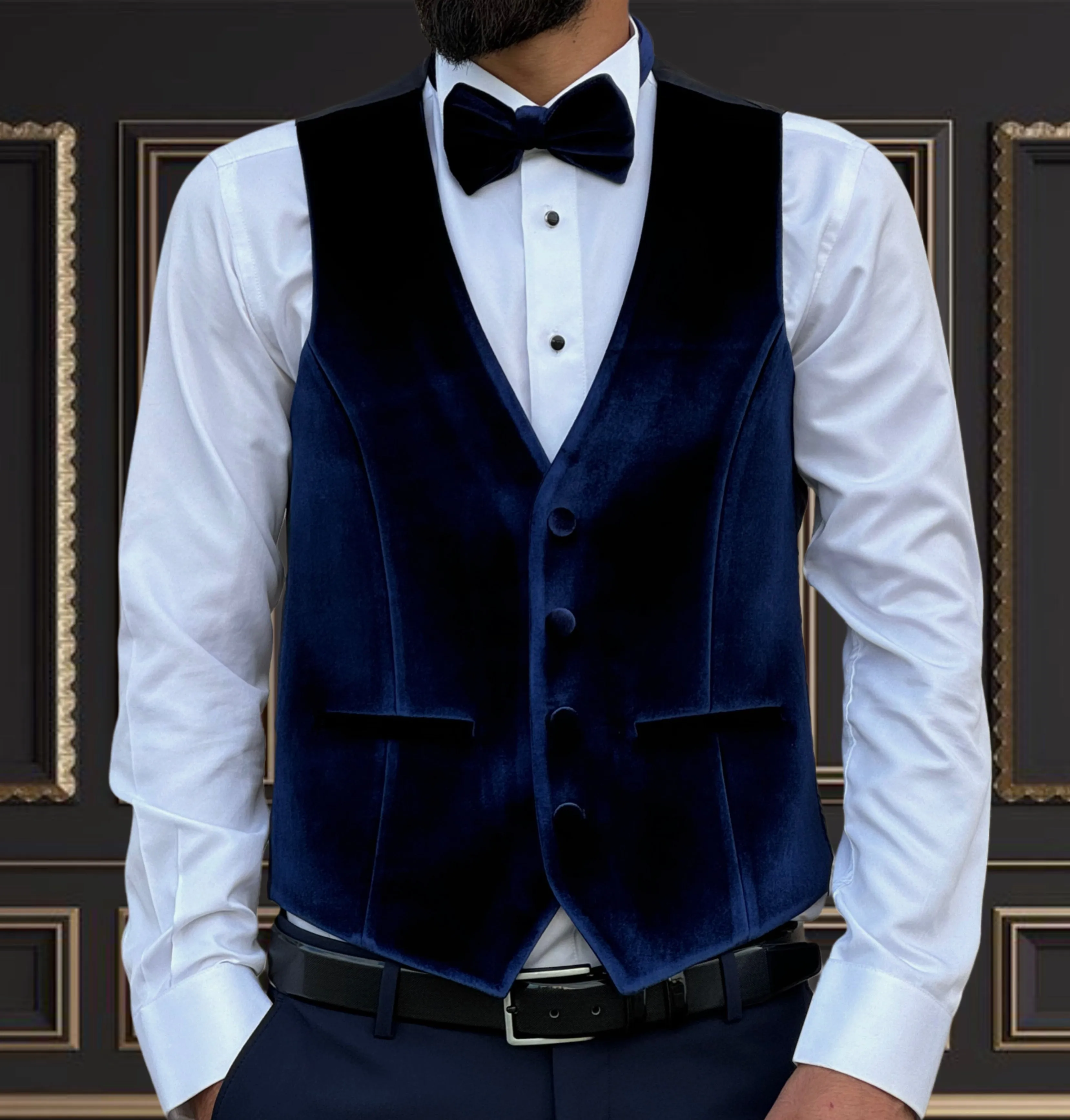 Men's Navy Tuxedo with Velvet Peak Lapel - Elegant Formal Wear for Weddings & Events