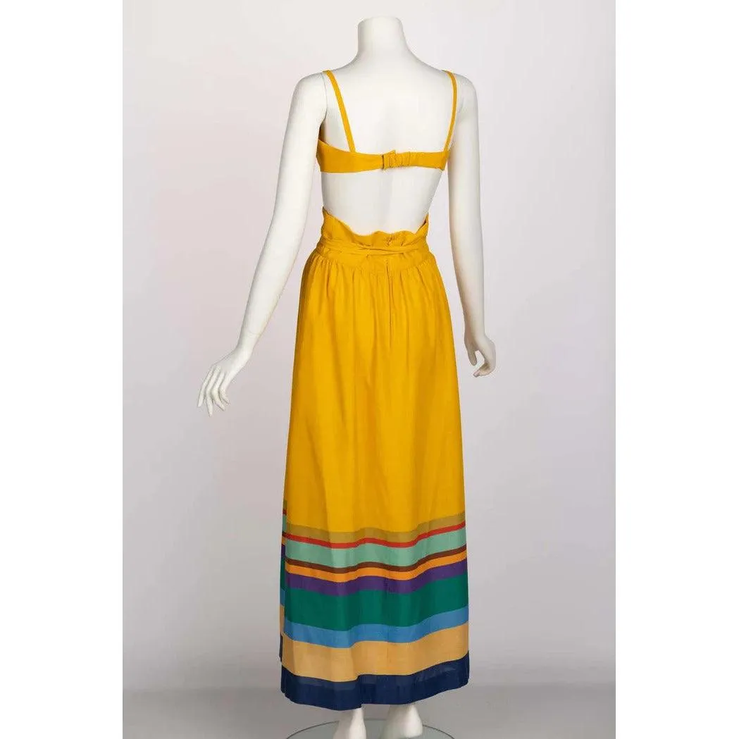 MOLLIE PARNIS 1970s Yellow Striped Crop Top Bralette Maxi Skirt Set | Small