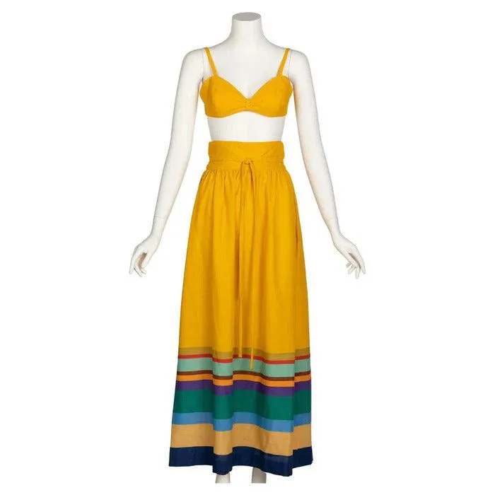 MOLLIE PARNIS 1970s Yellow Striped Crop Top Bralette Maxi Skirt Set | Small