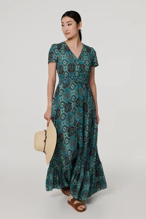 Mosaic Print Short Sleeve Smock Maxi Dress