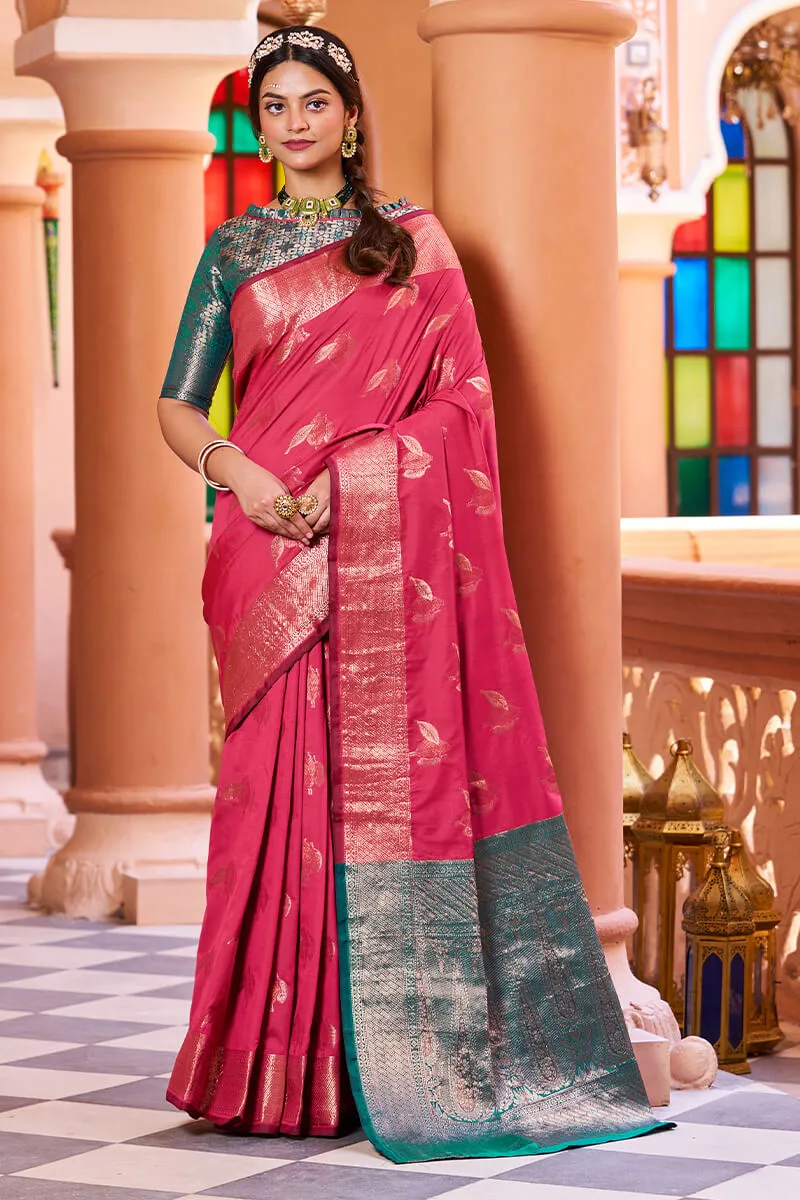 Most Stunning Dark Pink Soft Banarasi Silk Saree With Twirling Blouse Piece