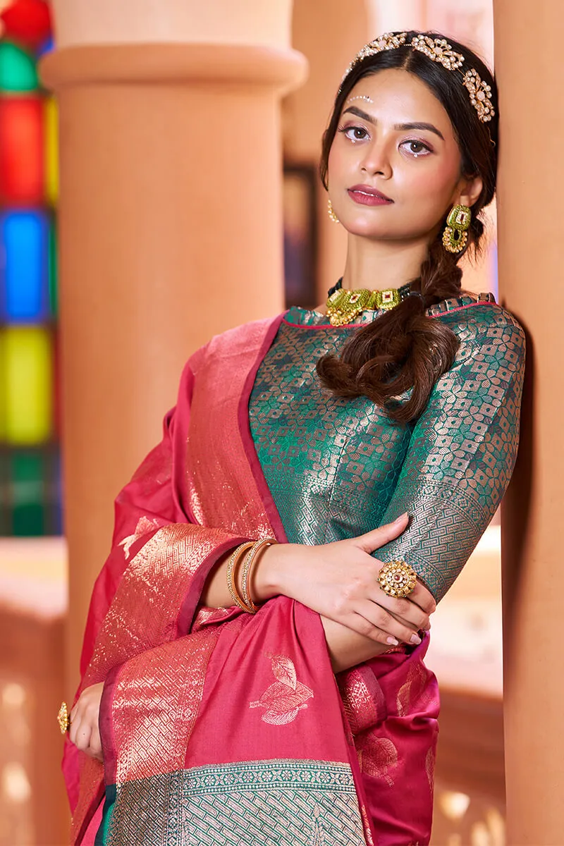 Most Stunning Dark Pink Soft Banarasi Silk Saree With Twirling Blouse Piece