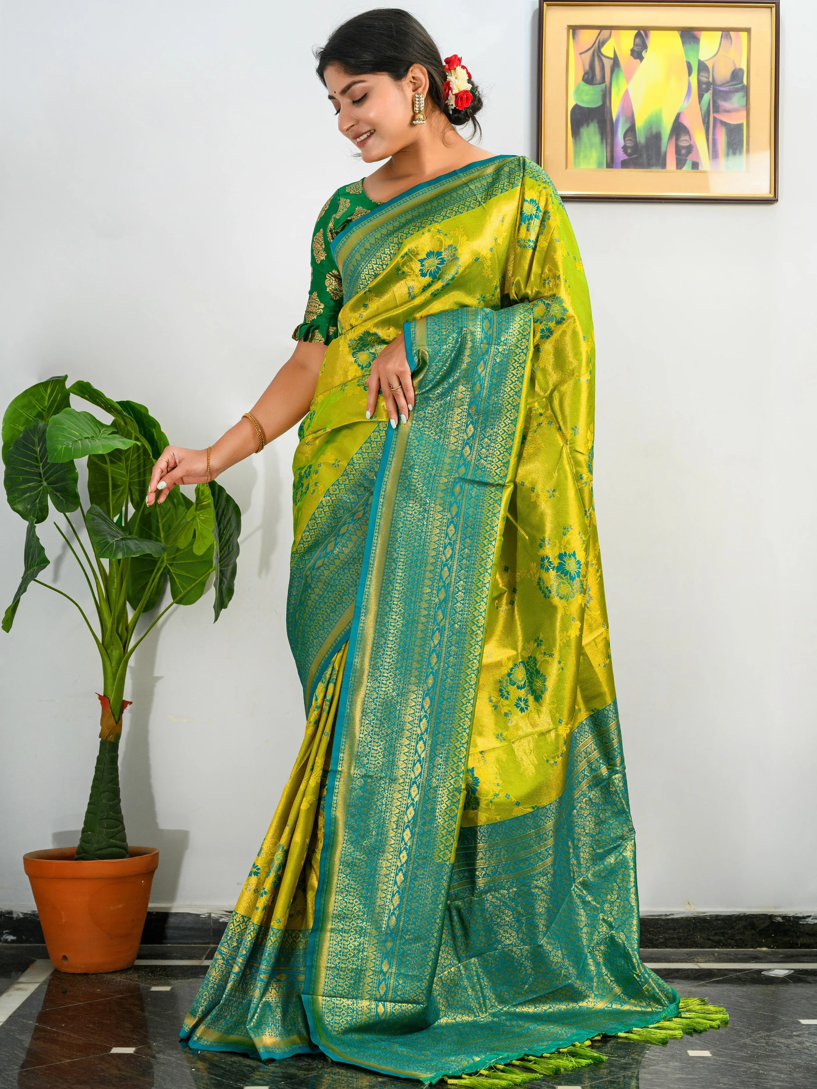 Mustard Green Saree in Pure Kanjeevaram Silk