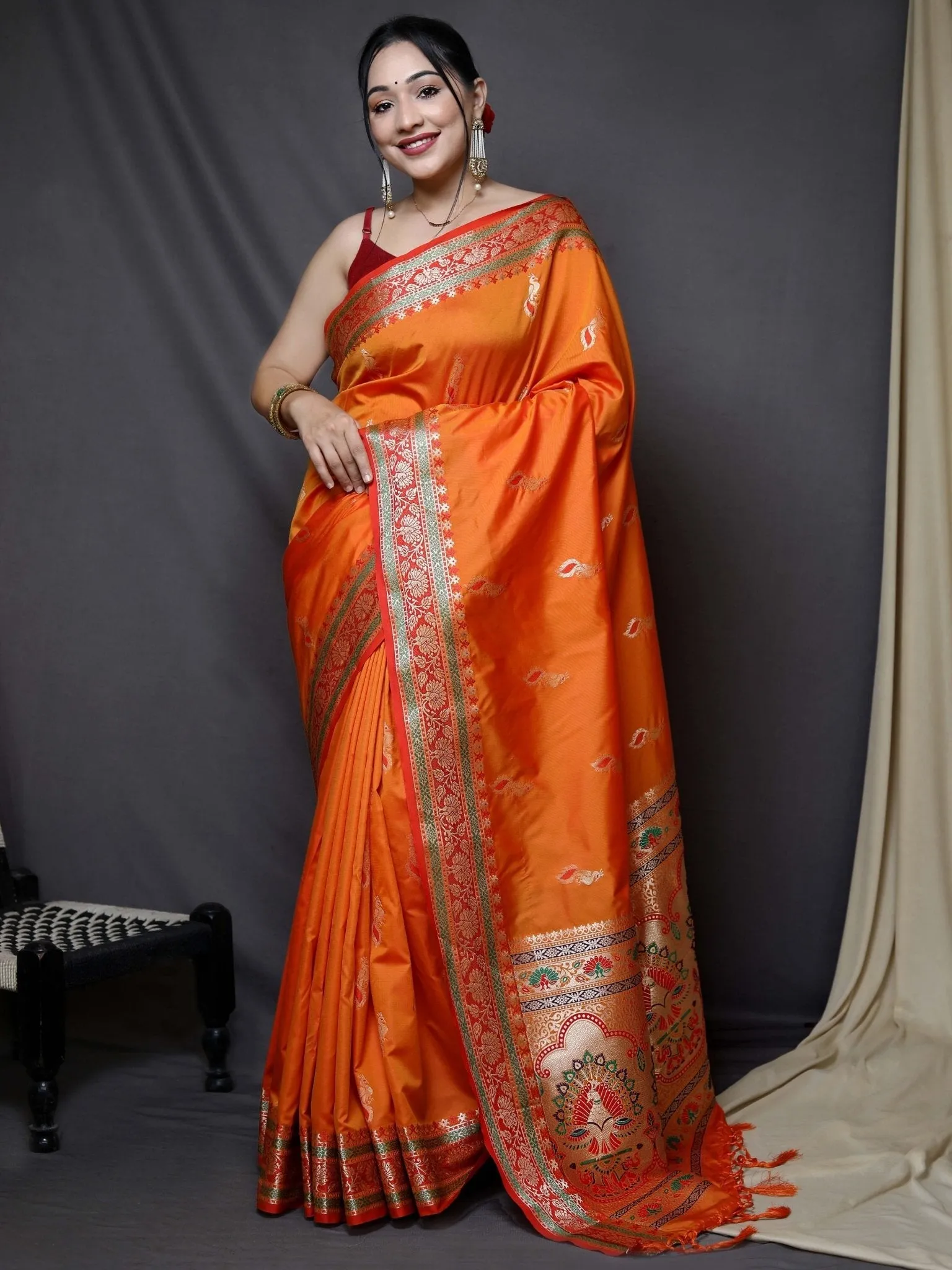 Mustard Saree in Paithani Silk with Peacock Zari and Contrast Border