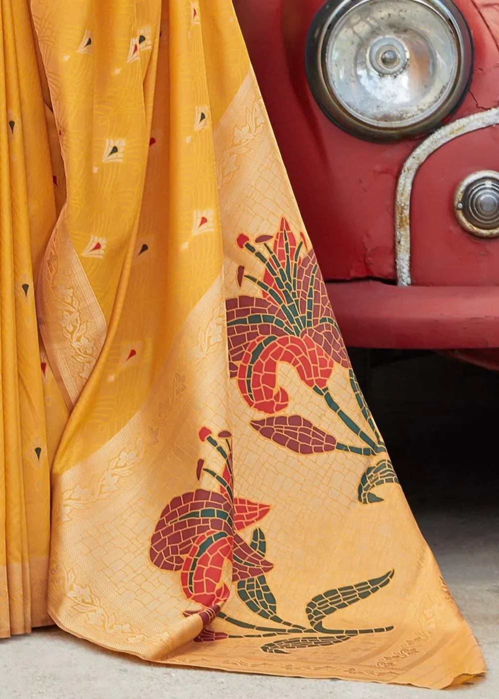 Mustard Silk Saree with Golden Zari Border