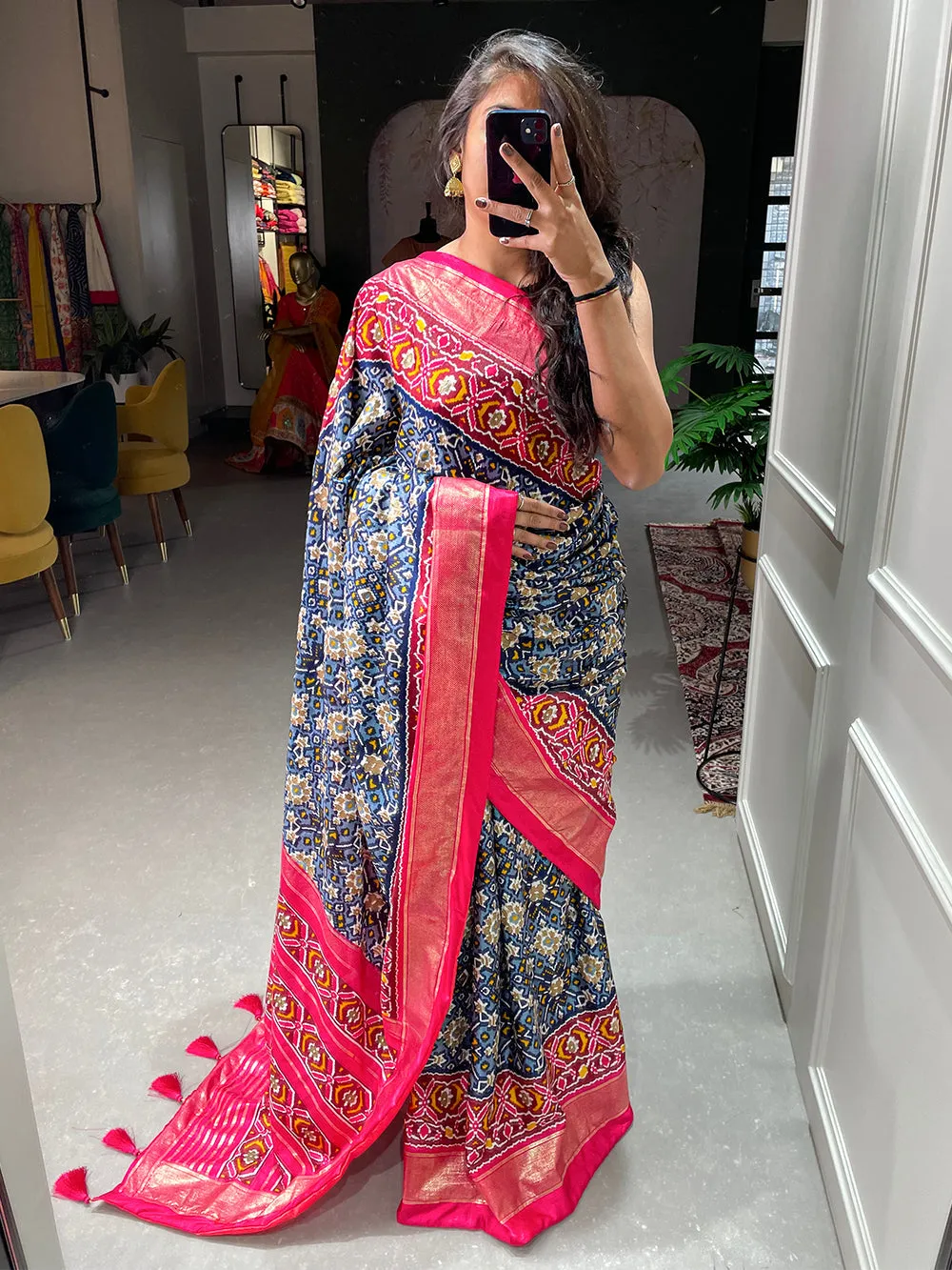 Navy Blue Color Patola Printed Dola Silk Saree