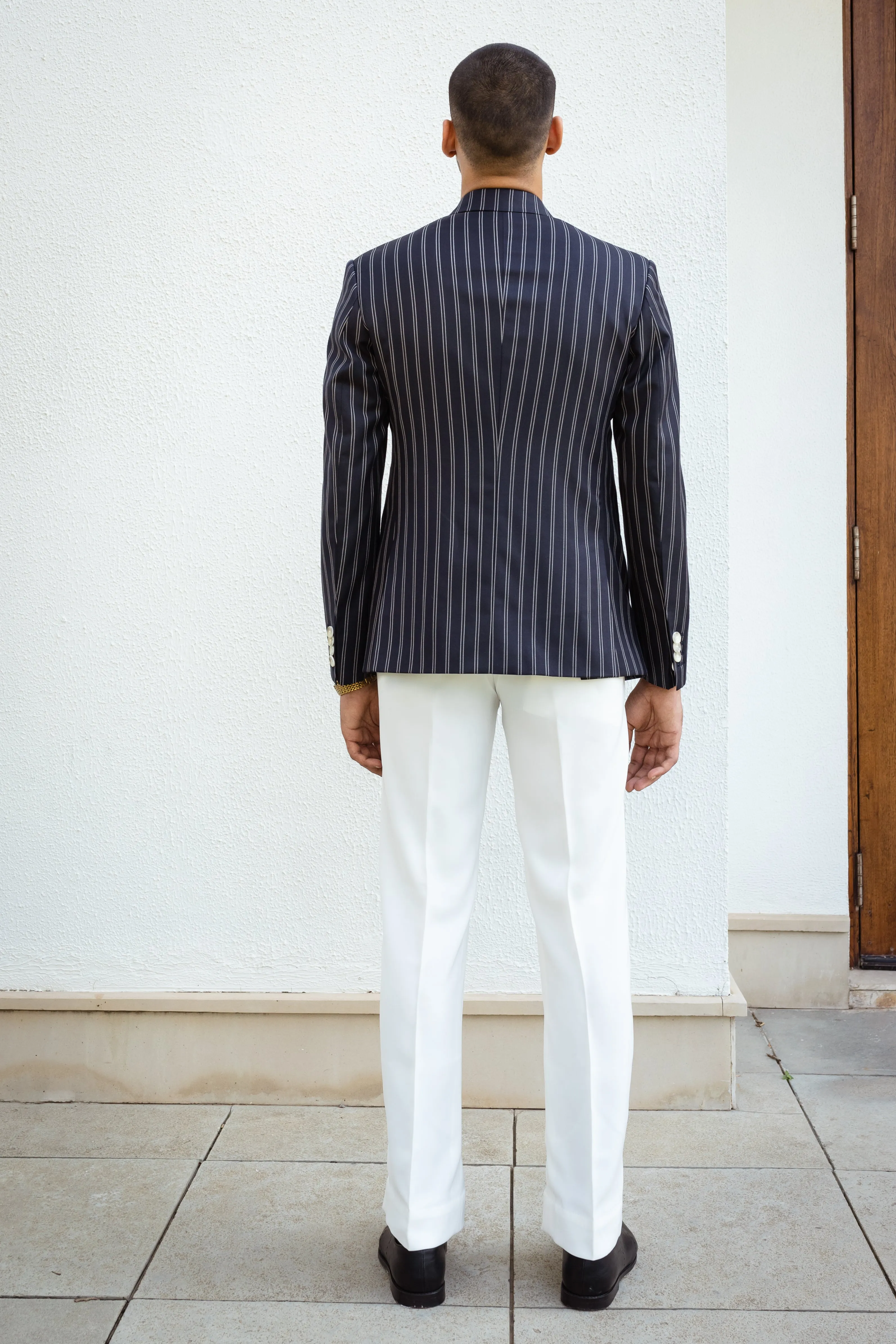 Navy Blue Double Breasted Striped Blazer.