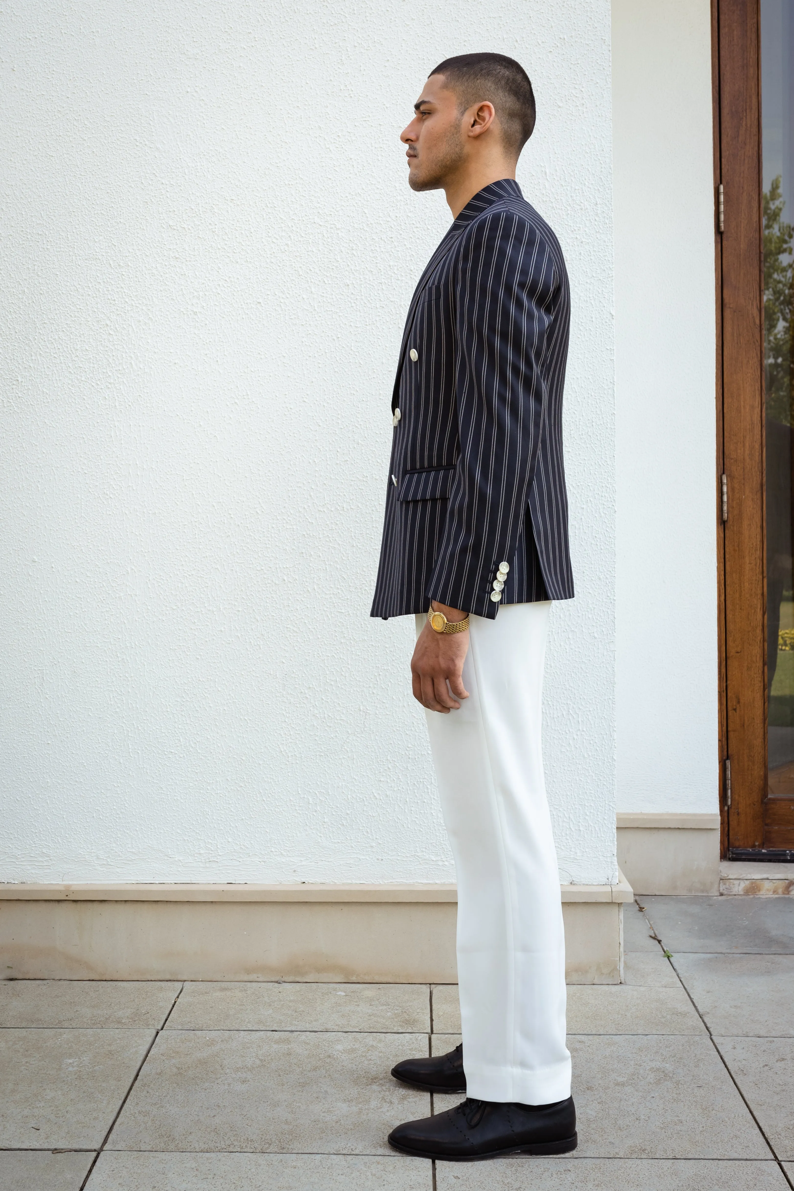 Navy Blue Double Breasted Striped Blazer.