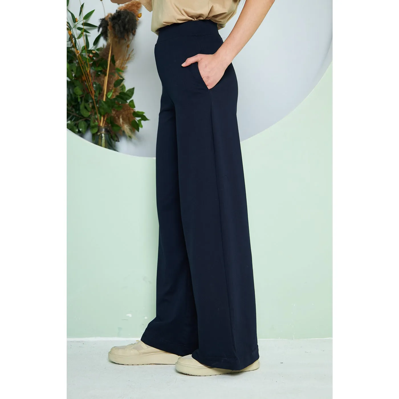 Navy Wide Leg Long Trousers