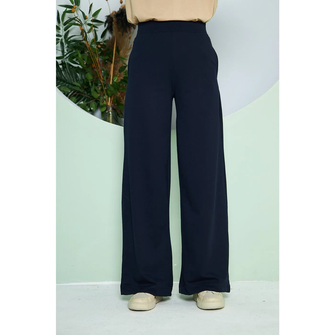 Navy Wide Leg Long Trousers