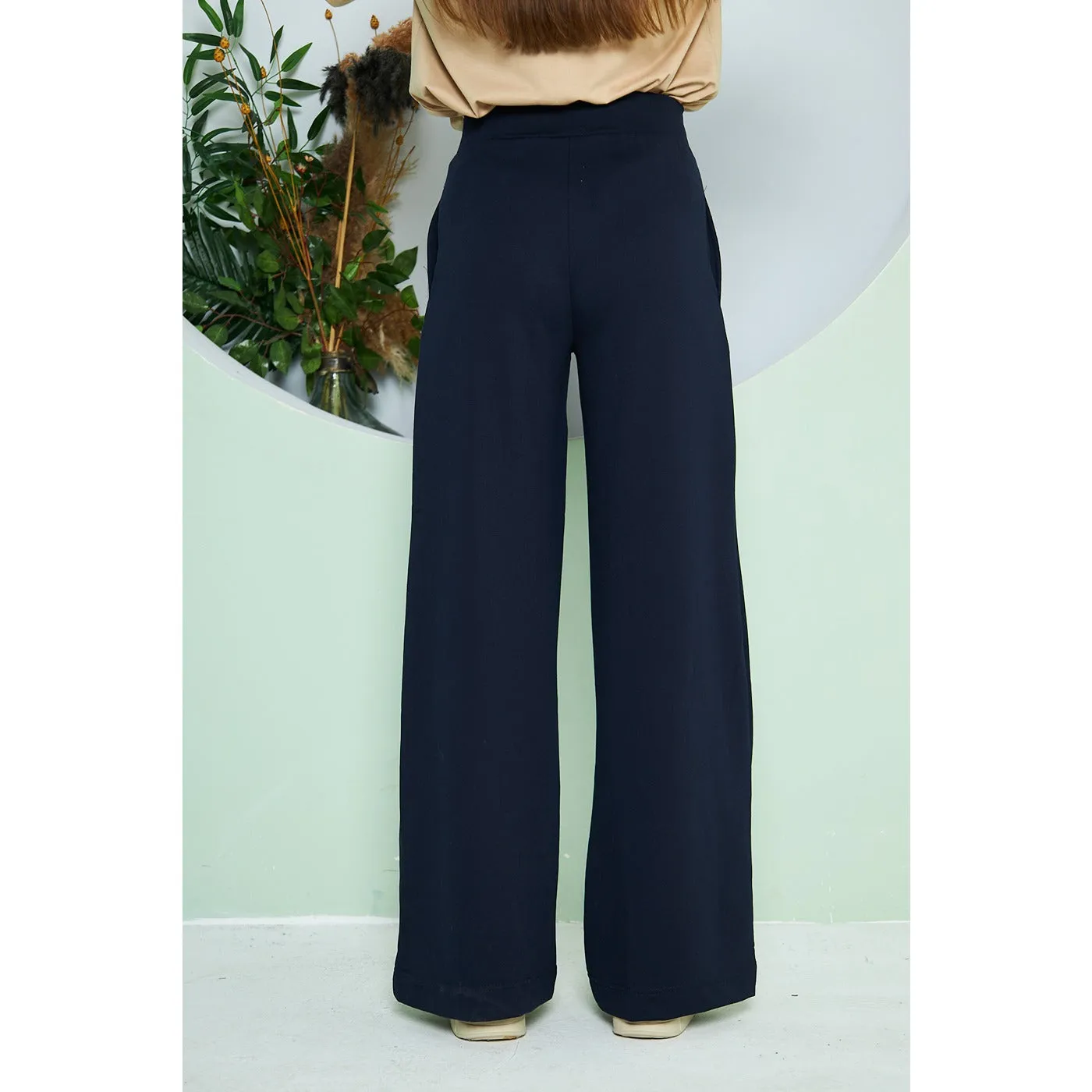 Navy Wide Leg Long Trousers