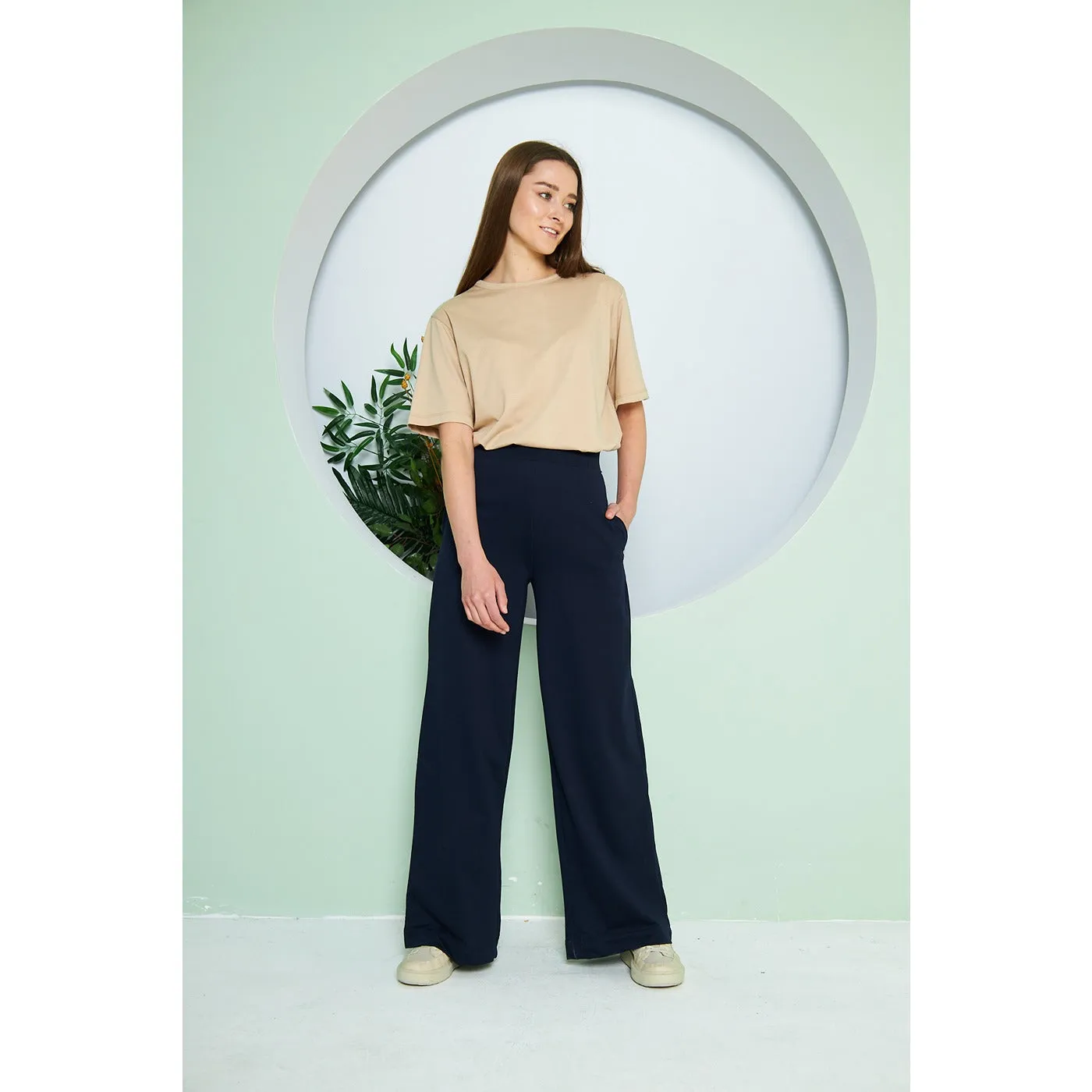 Navy Wide Leg Long Trousers