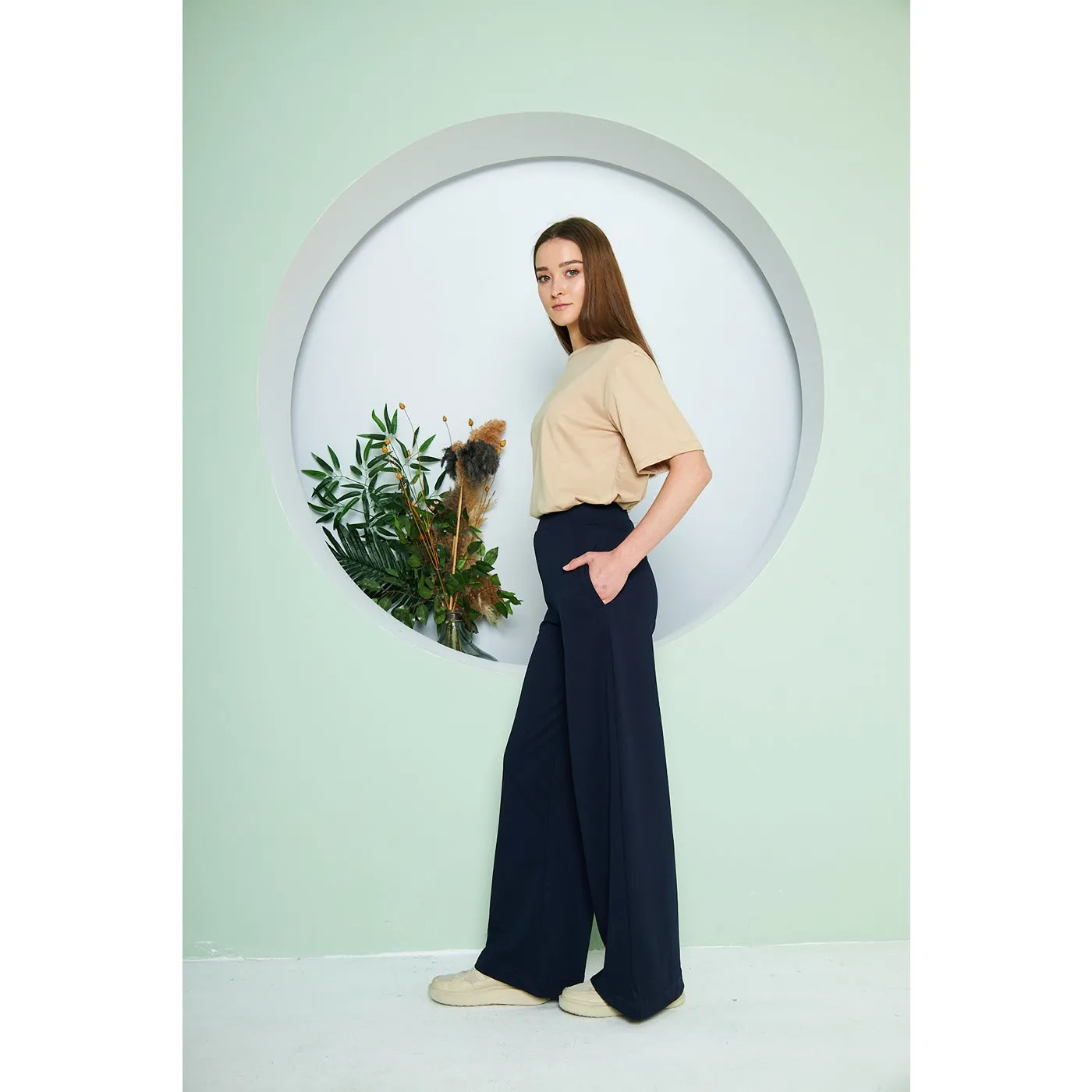 Navy Wide Leg Long Trousers