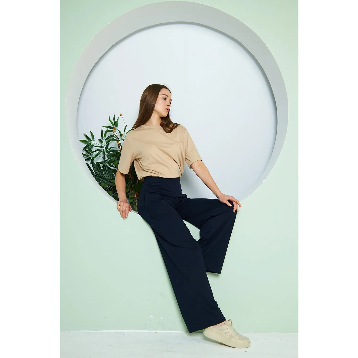 Navy Wide Leg Long Trousers