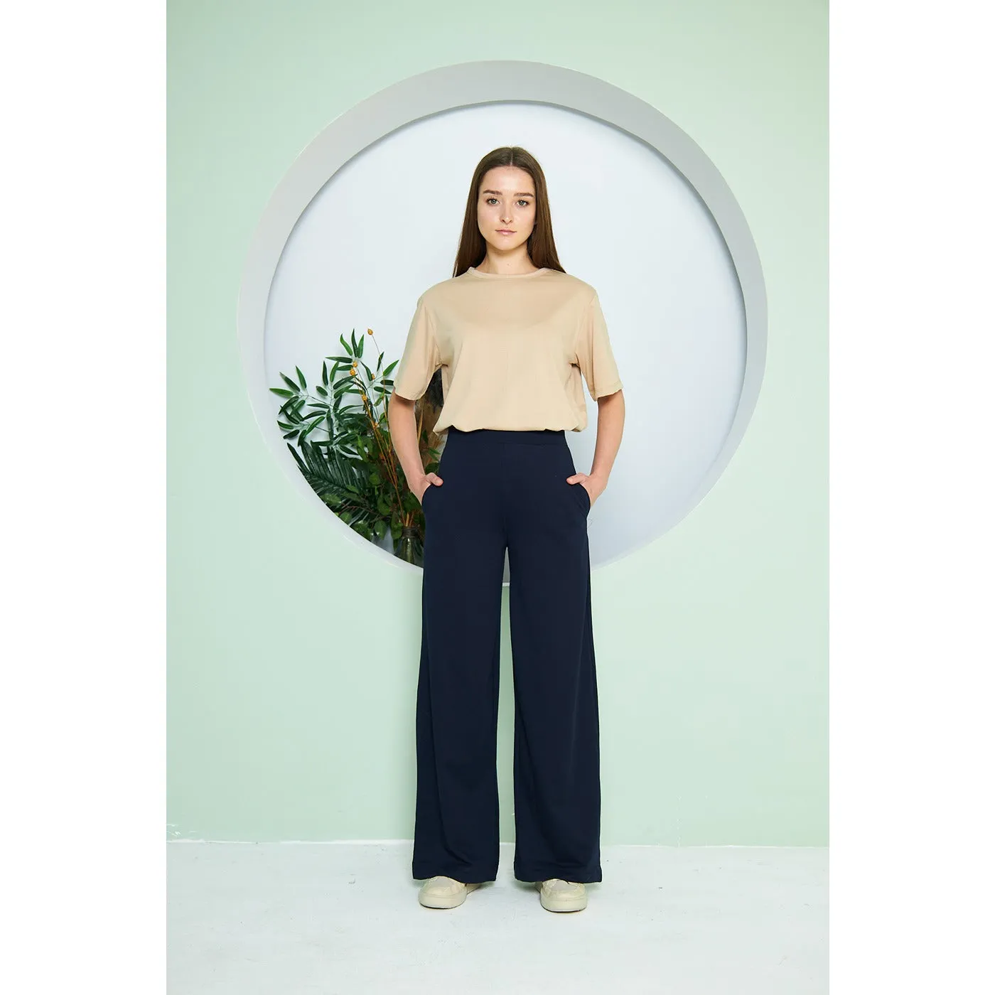 Navy Wide Leg Long Trousers