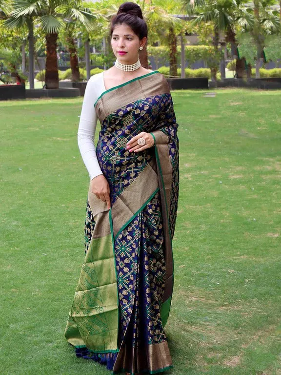 Navy with Green Saree in Patola Silk