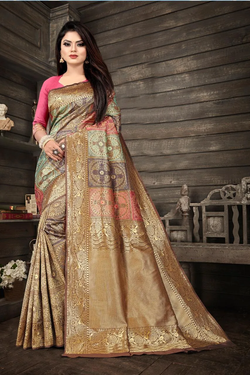 Nemesis Beige Soft Banarasi Silk Saree With Fancifull Blouse Piece