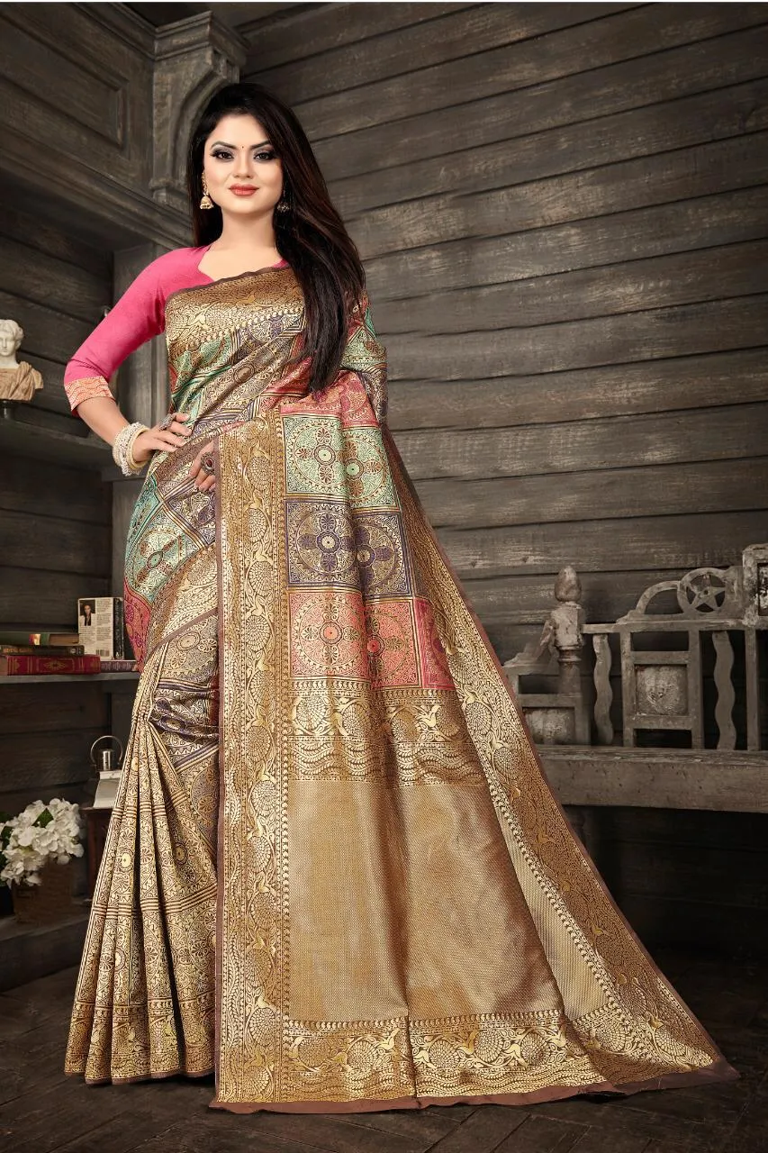 Nemesis Beige Soft Banarasi Silk Saree With Fancifull Blouse Piece