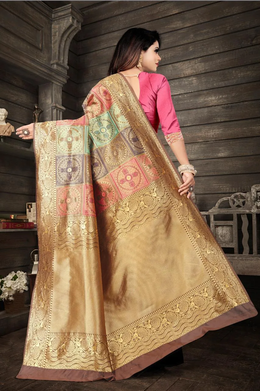 Nemesis Beige Soft Banarasi Silk Saree With Fancifull Blouse Piece