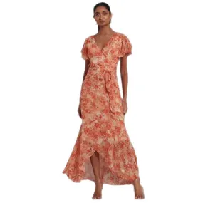 Orange Floral Print Wrap Top Maxi Dress With Angel Sleeves