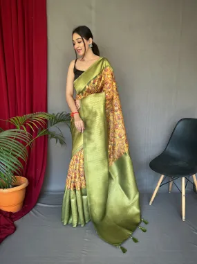 Orange Green Saree in Kora Muslin Kalamkari Silk