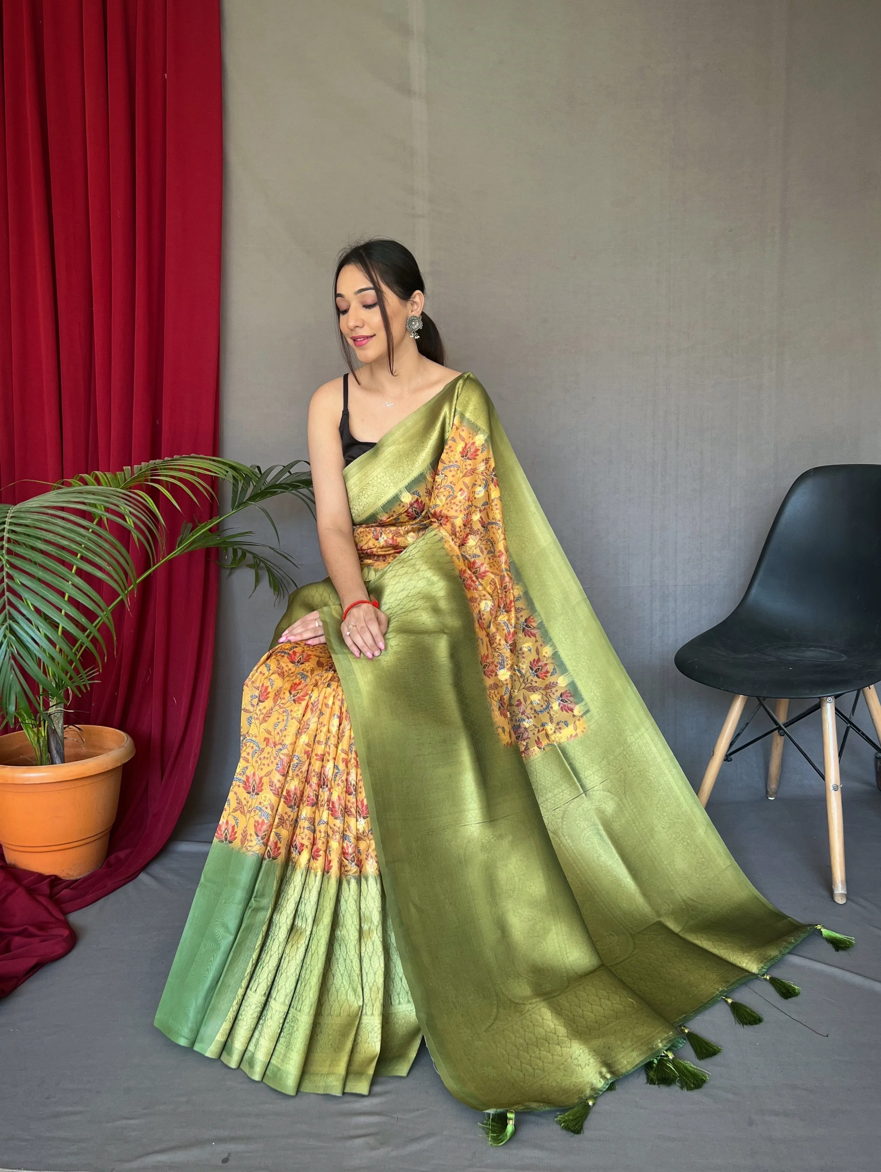 Orange Green Saree in Kora Muslin Kalamkari Silk