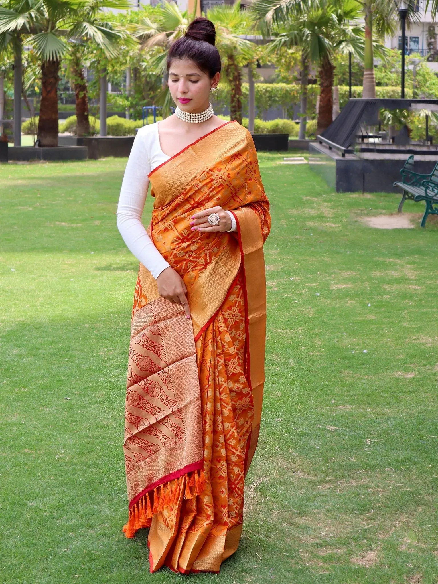 Orange with Red Saree in Patola Silk