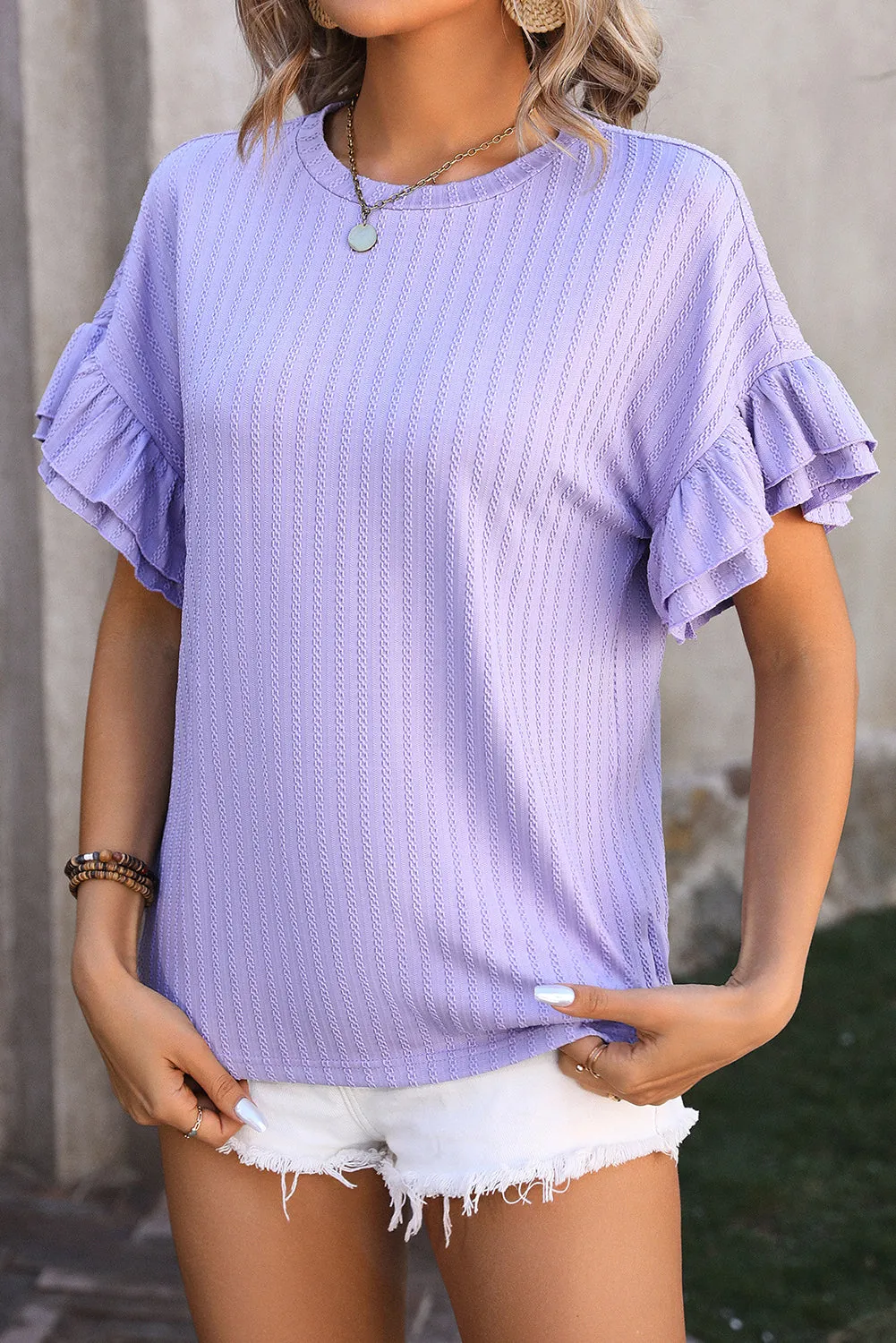 Orchid Solid Color Textured Layered Ruffle Sleeve T Shirt