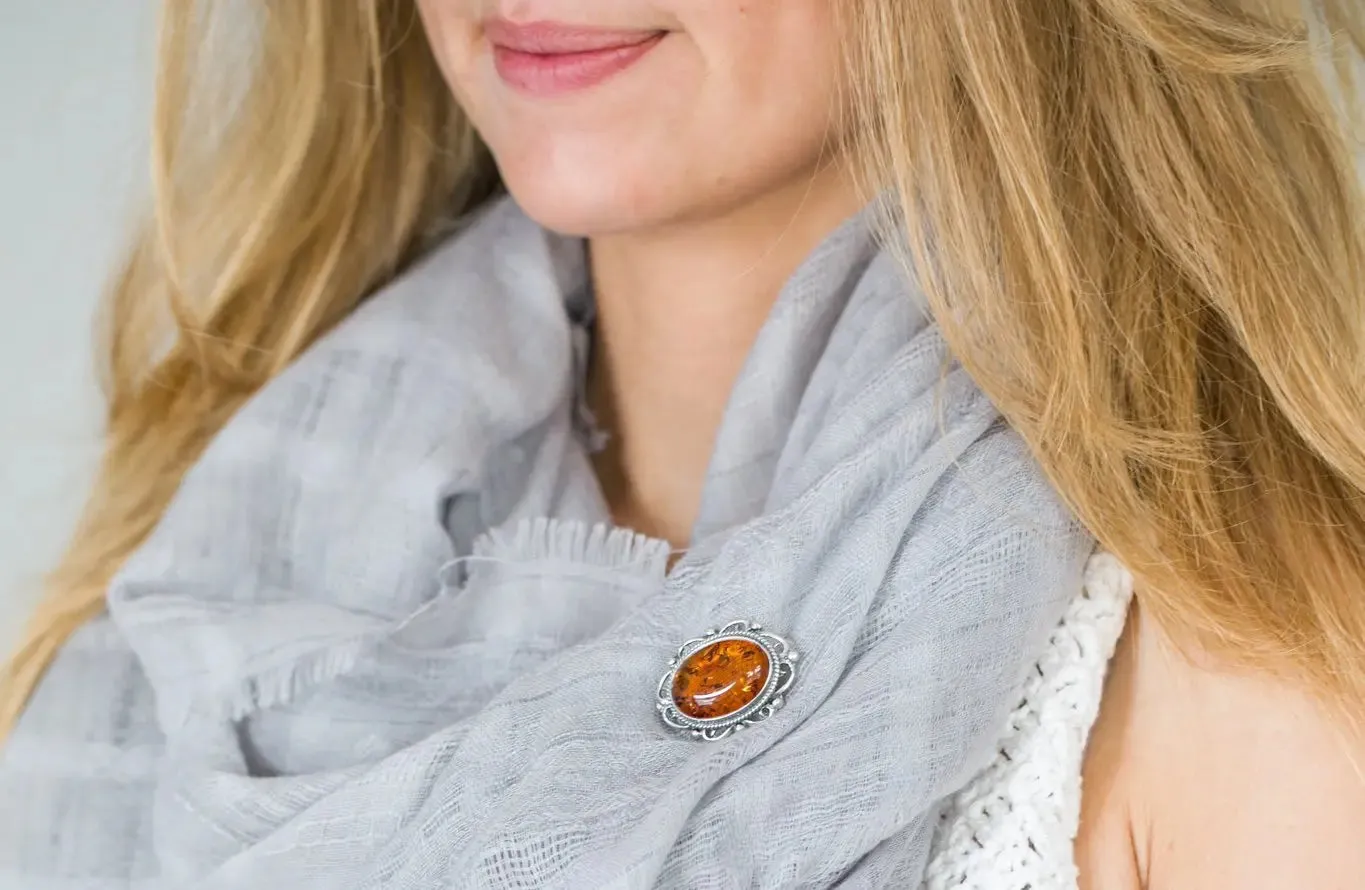 Oval Classic Framed Amber Brooch