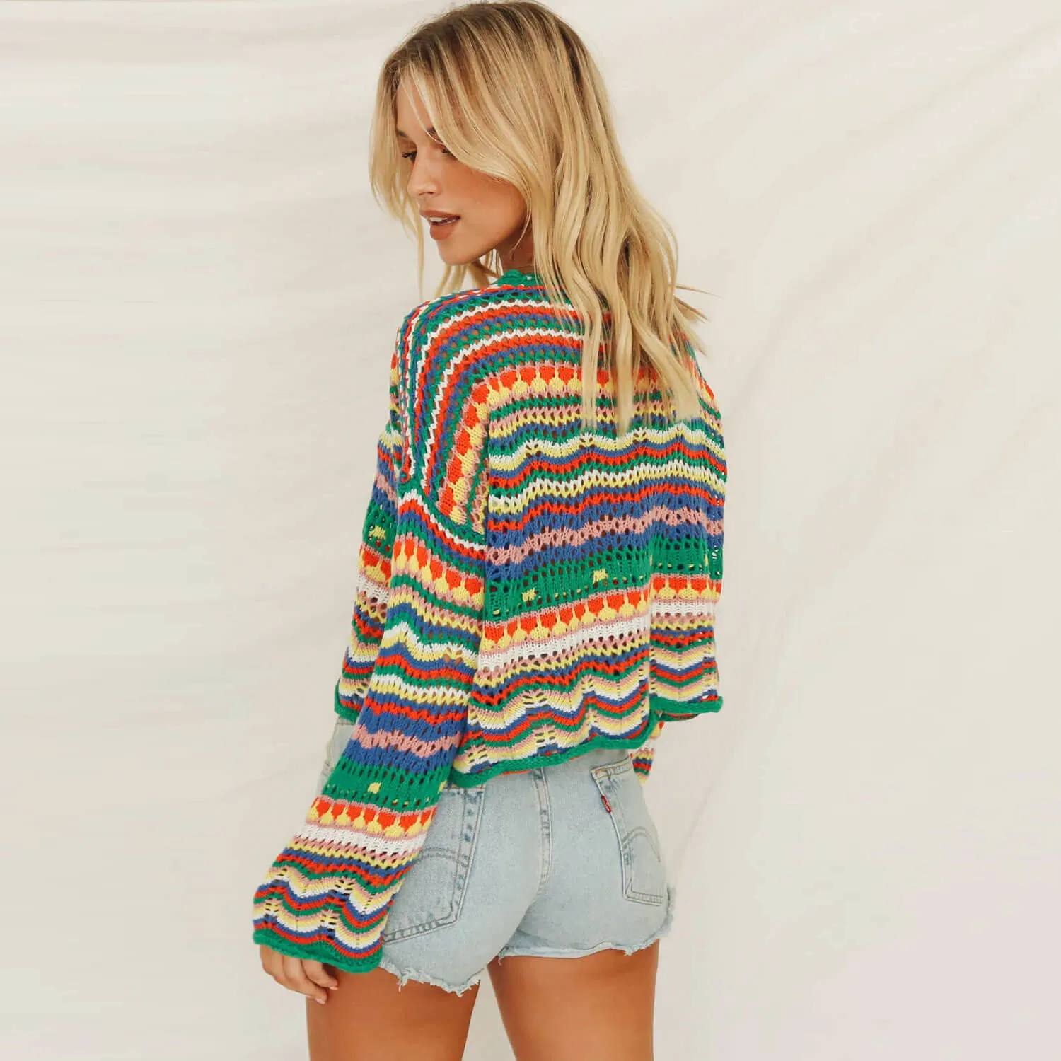 Oversized Pullover Rainbow Striped Multicolor Crochet Pointelle Knit Sweater